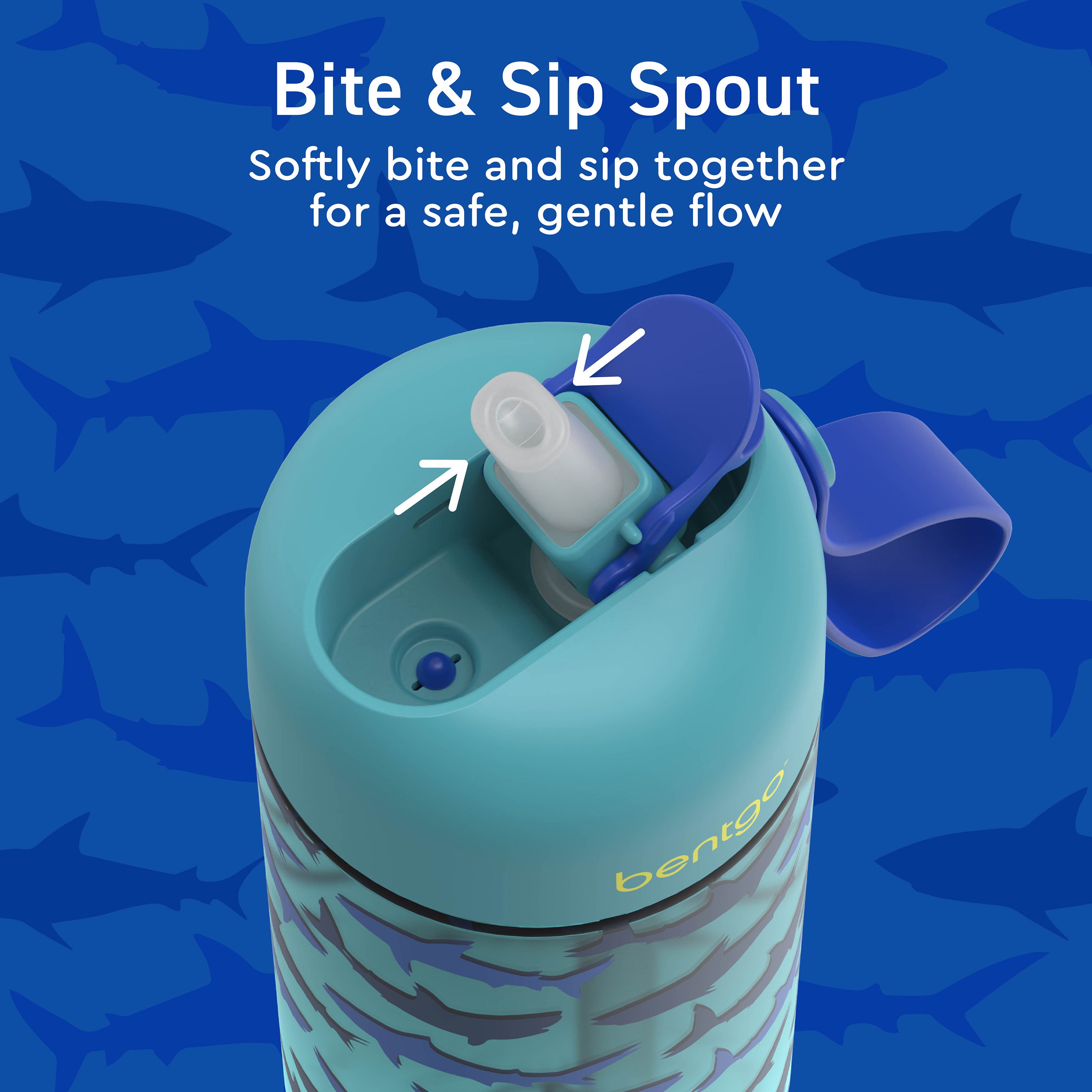 Bentgo® Kids Water Bottle - Sharks | Bite & Sip Spout - Softly Bite And Sip Together For A Safe, Gentle Flow