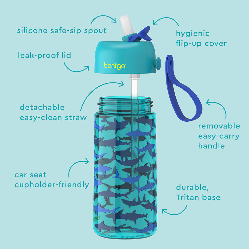 Bentgo® Kids Water Bottle - Sharks | Hygienic Flip-Uo Cover, Silicone Safe-Sip Spout, Leak-Proof Lid, Detachable Easy-Clean Straw, Durable Tritan Base, And Removable Easy-Carry Handle