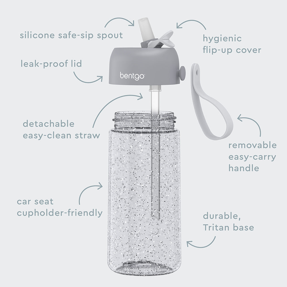 Bentgo® Kids Water Bottle - Silver Glitter | Hygienic Flip-Uo Cover, Silicone Safe-Sip Spout, Leak-Proof Lid, Detachable Easy-Clean Straw, Durable Tritan Base, And Removable Easy-Carry Handle