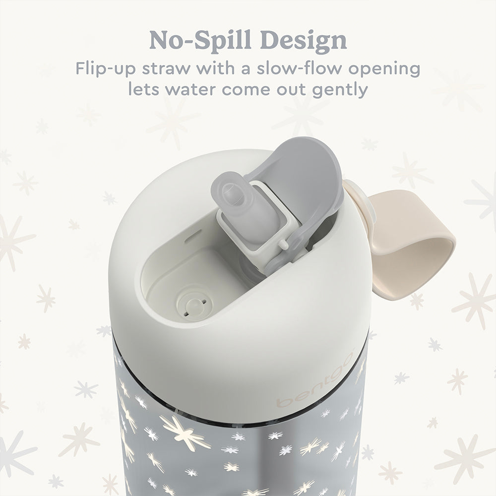 Bentgo® Kids Whimsy & Wonder Prints Water Bottle - Starry Sprinkle | No-Spill Design Features A Flip-Up Straw With A Slow-Flow Opening Lets Water Come Out Gently