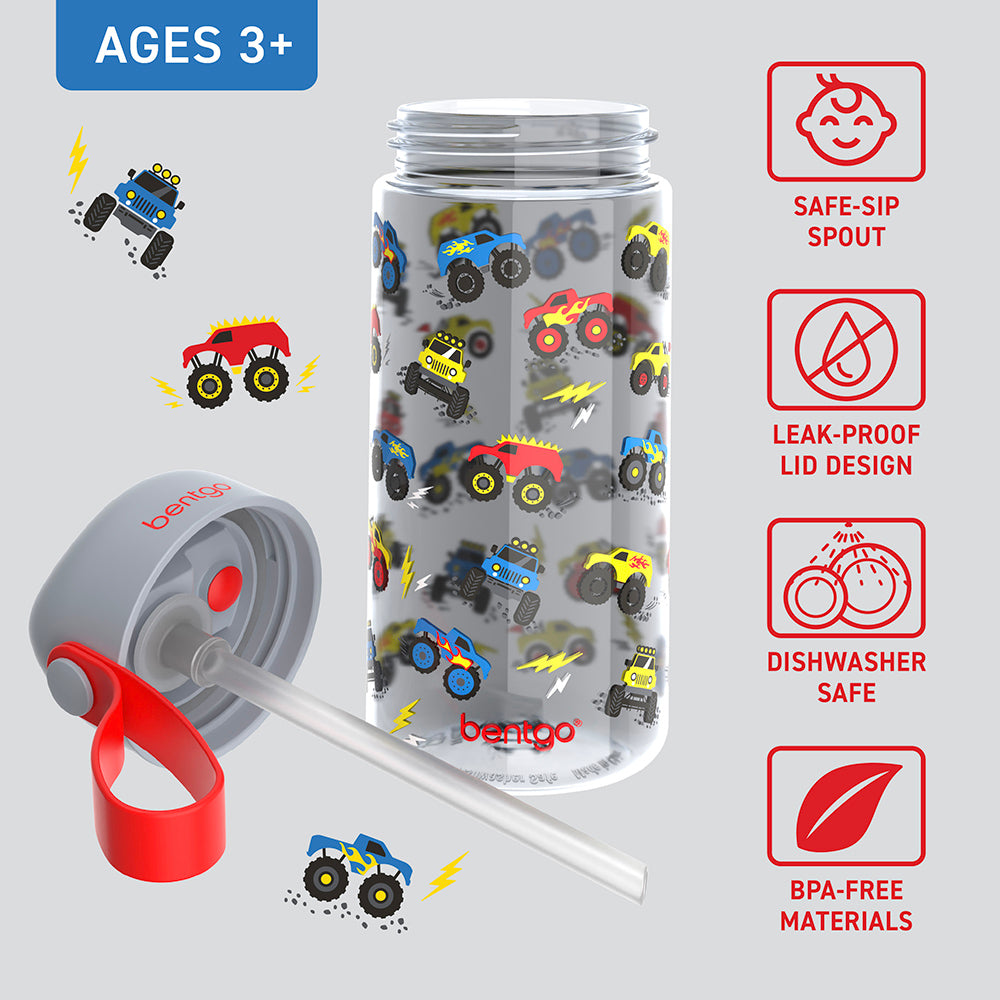 Bentgo® Kids Water Bottle - Trucks | Safe-Sip Spout, Leak-Proof Lid, Dishwasher Safe, And Made With BPA-Free Materials