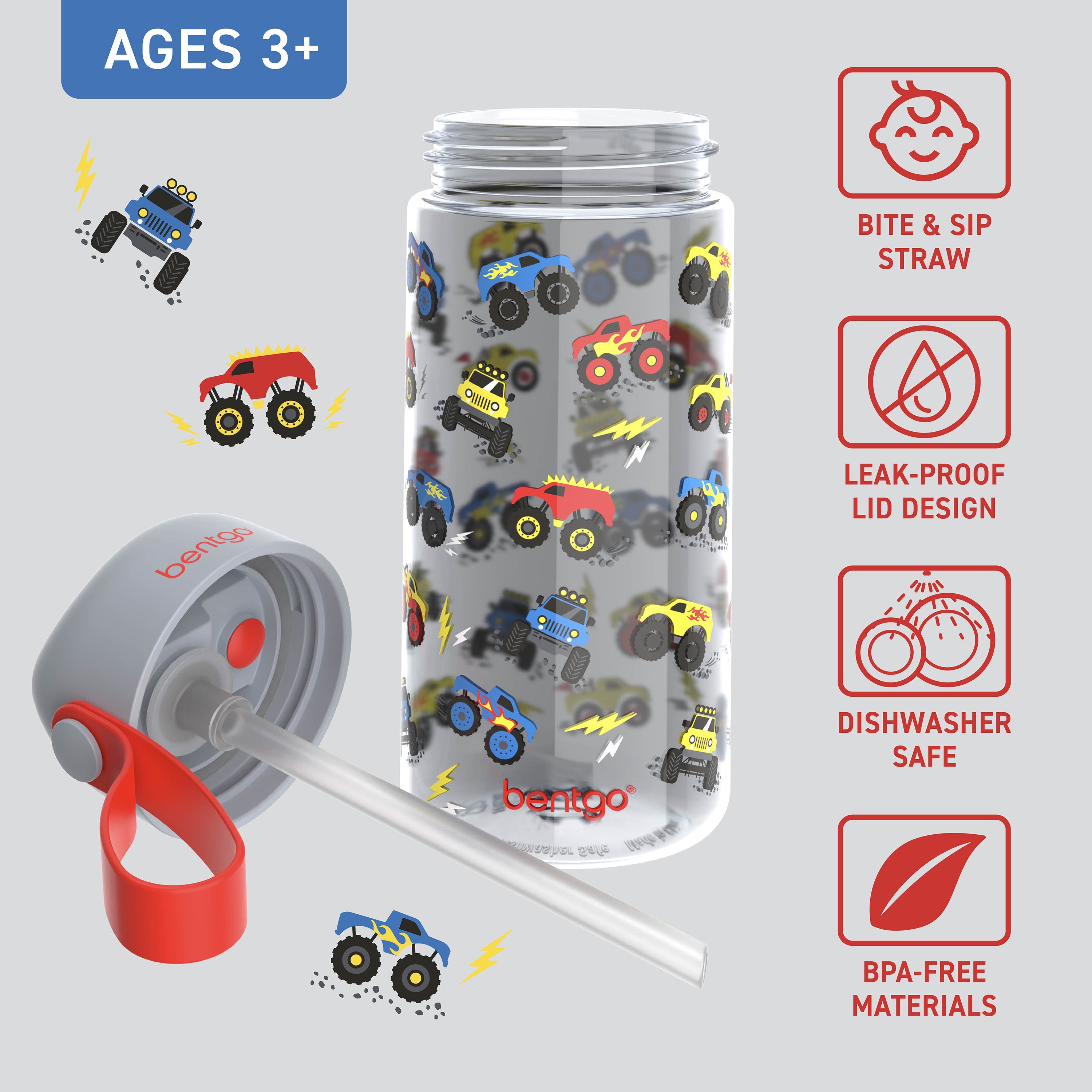 Bentgo® Kids Water Bottle - Trucks | Bite & Sip Straw, Leak-Proof Lid, Dishwasher Safe, And Made With BPA-Free Materials