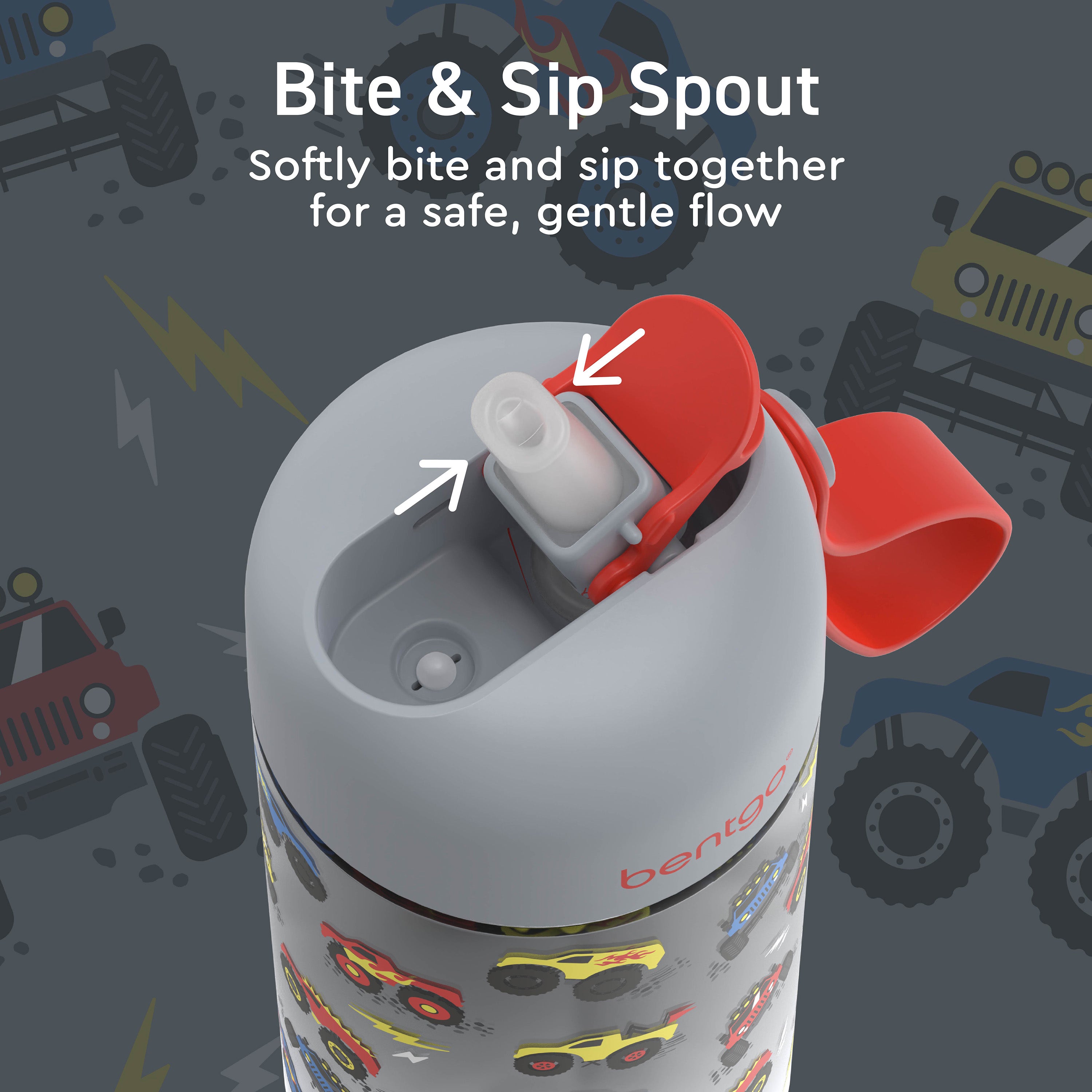 Bentgo® Kids Water Bottle - Trucks | Bite & Sip Spout - Softly Bite And Sip Together For A Safe, Gentle Flow