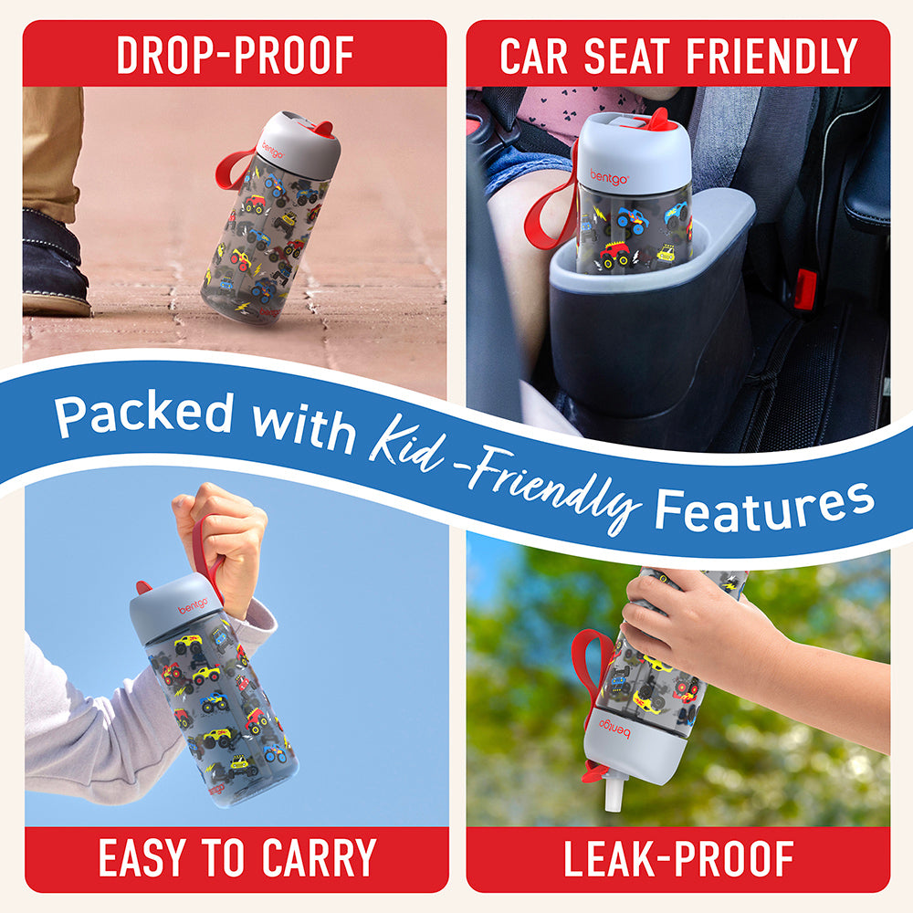 Bentgo® Kids Water Bottle - Trucks | Made with Kid-Friendly Features - Leak-Proof, Drop-Proof, Car Seat Friendly, And Easy to Carry