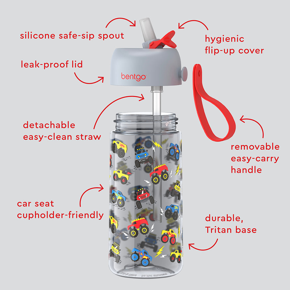 Bentgo® Kids Water Bottle - Trucks | Hygienic Flip-Uo Cover, Silicone Safe-Sip Spout, Leak-Proof Lid, Detachable Easy-Clean Straw, Durable Tritan Base, And Removable Easy-Carry Handle
