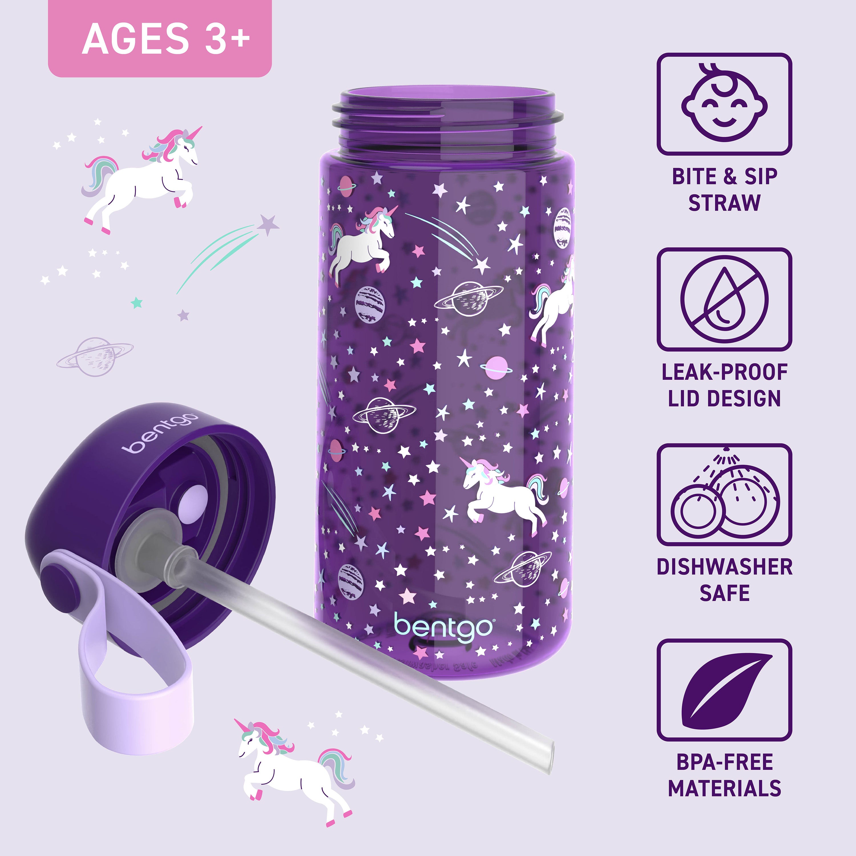 Bentgo® Kids Water Bottle - Unicorn | Bite & Sip Straw, Leak-Proof Lid, Dishwasher Safe, And Made With BPA-Free Materials