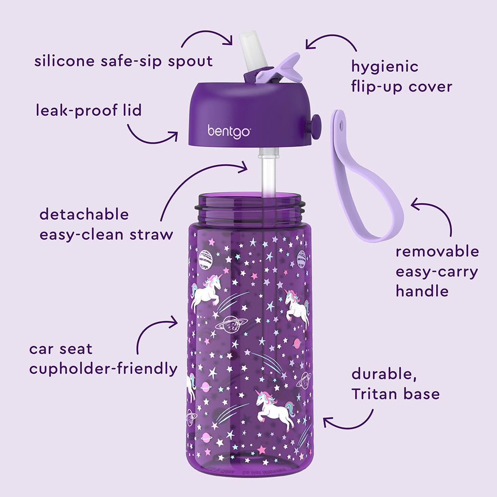 Bentgo® Kids Water Bottle - Unicorn | Hygienic Flip-Uo Cover, Silicone Safe-Sip Spout, Leak-Proof Lid, Detachable Easy-Clean Straw, Durable Tritan Base, And Removable Easy-Carry Handle