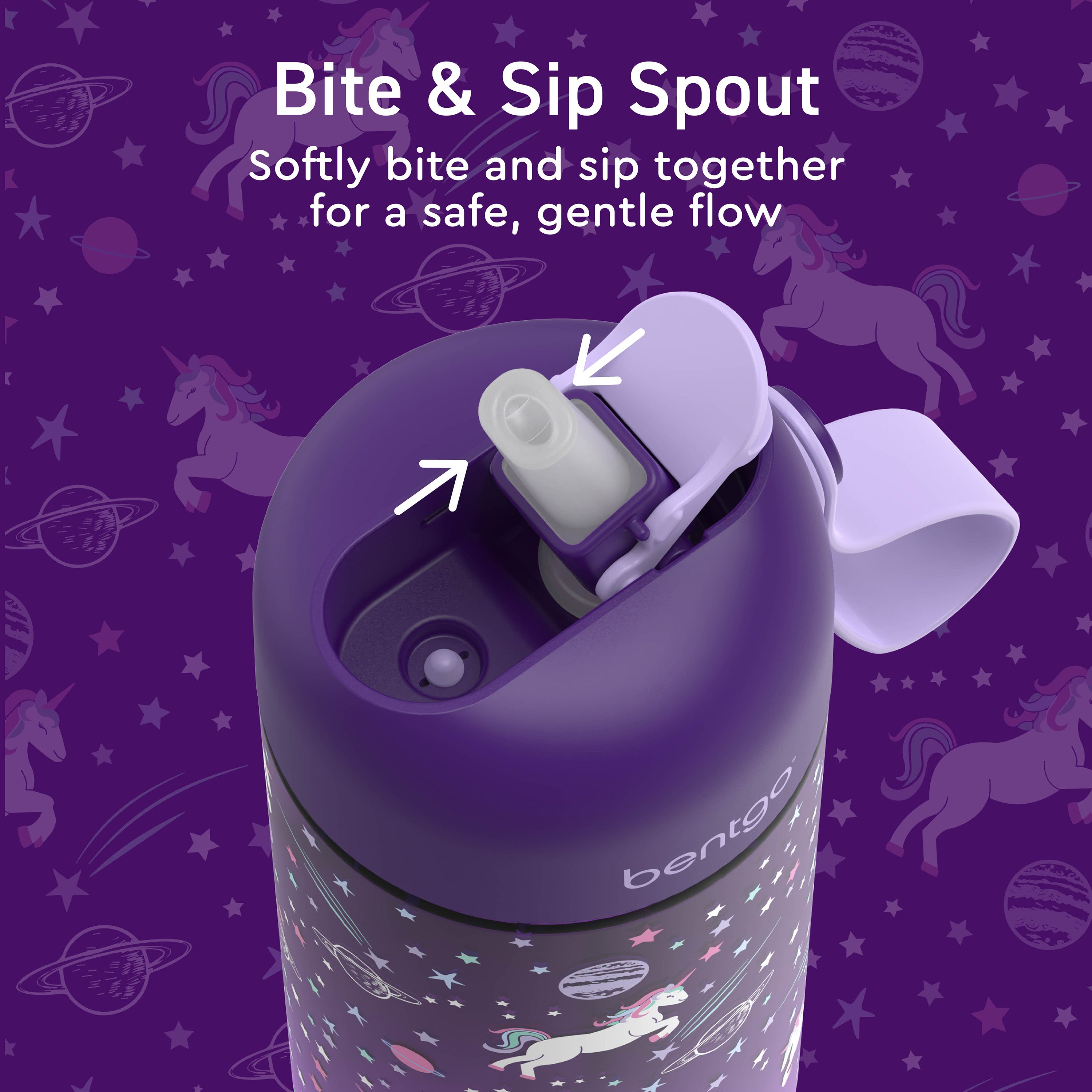 Bentgo® Kids Prints Water Bottle (2-Pack) - Unicorn/Lavender Galaxy | Bite & Sip Spout - Softly Bite And Sip Together For A Safe, Gentle Flow