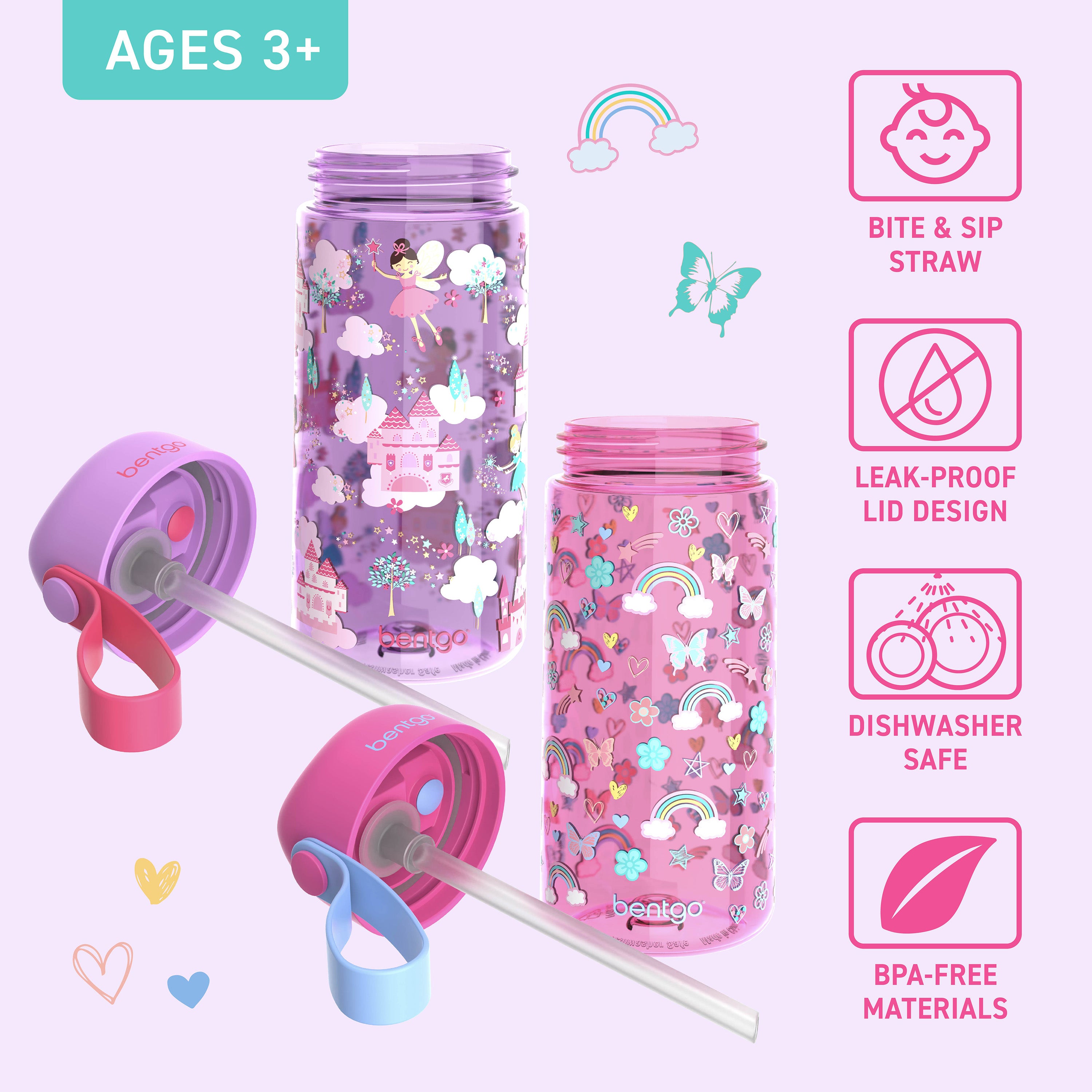 Bentgo® Kids Prints Water Bottle (2-Pack) - Rainbows Butterflies/Fairies | Bite & Sip Straw, Leak-Proof Lid, Dishwasher Safe, And Made With BPA-Free Materials