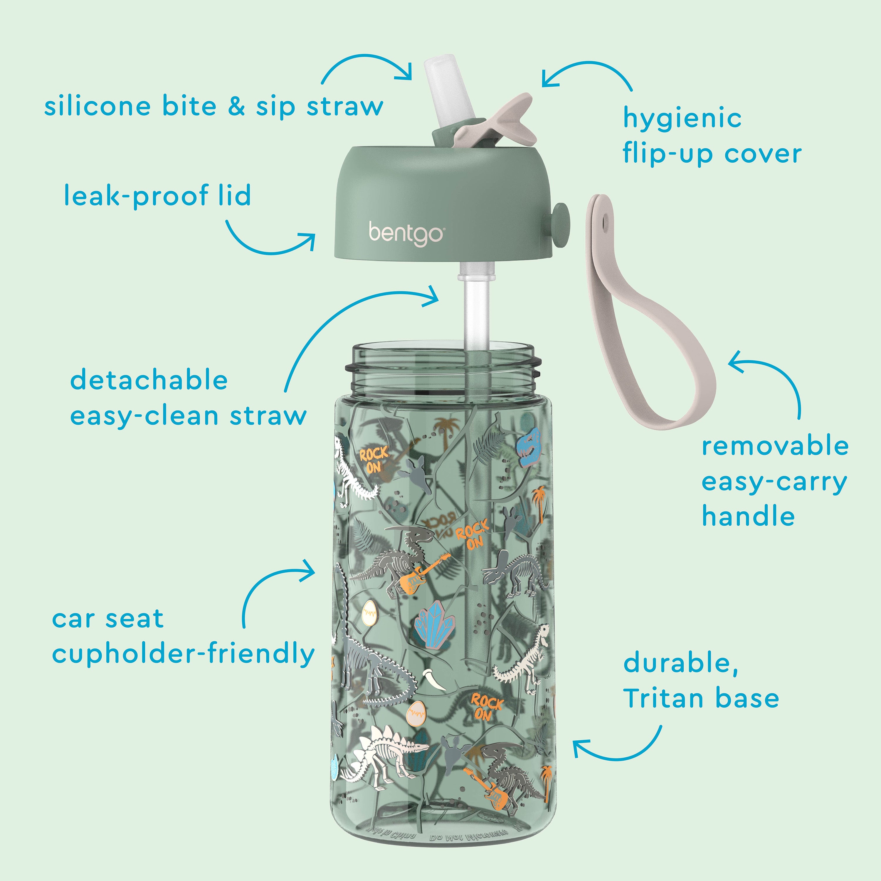 Bentgo® Kids Prints Water Bottle (2-Pack) - Dinosaur/Dino Fossils | Hygienic Flip-Up Cover, Silicone Bite & Sip Straw, Leak-Proof Lid, Detachable Easy-Clean Straw, Durable Tritan Base, And Removable Easy-Carry Handle