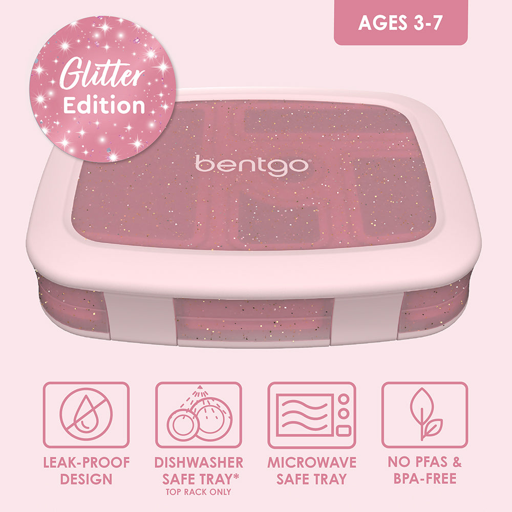 Bentgo® Kids Lunch Box - Petal Pink Glitter | Leak-Proof Design, Dishwasher Safe Tray - Leak-Proof Design, Dishwasher Safe Tray (Top Rack Only), Microwave Safe Tray, And No PFAs & BPA-Free