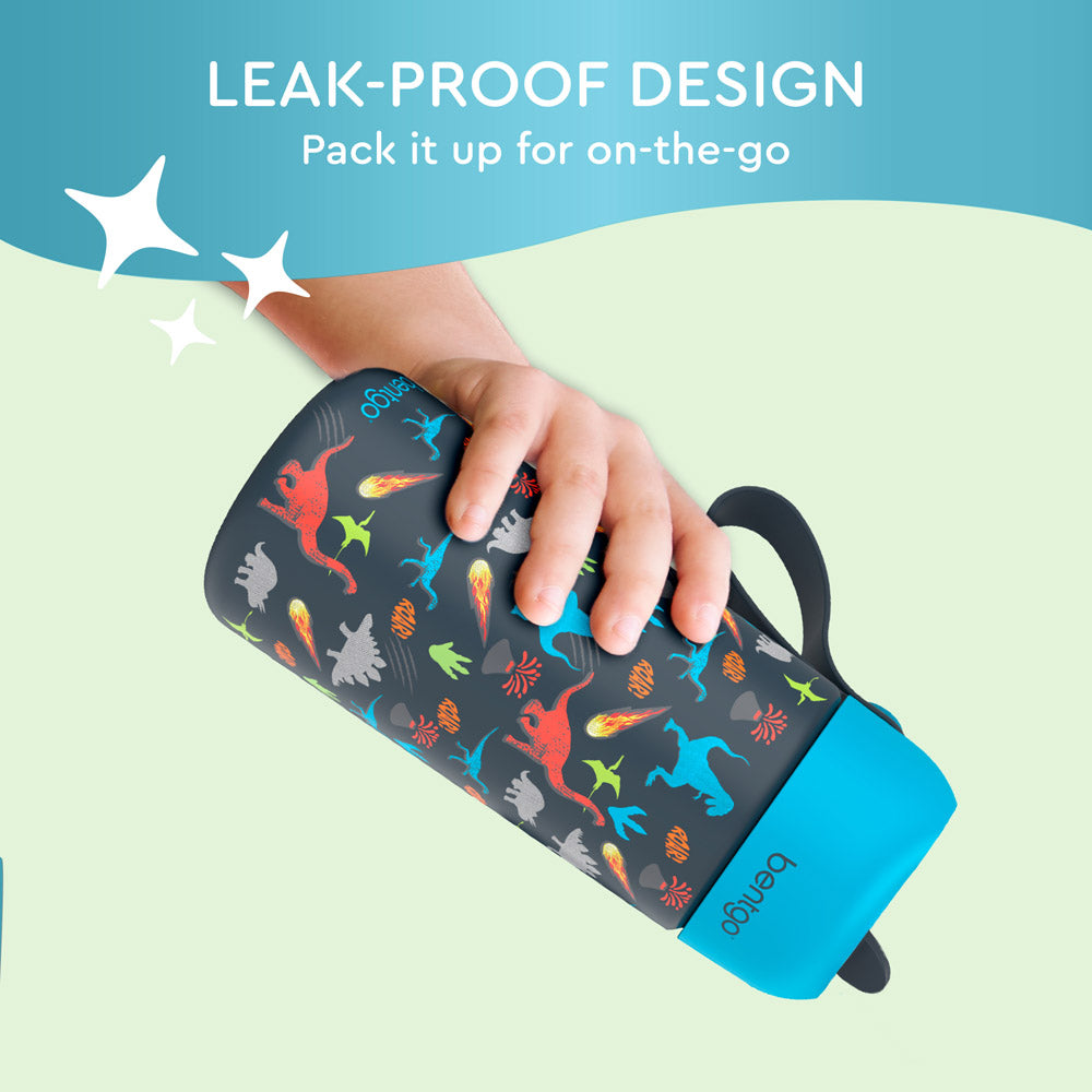 Bentgo® Kids Stainless Steel Insulated Water Bottle (2-Pack) - Dinosaur/Dino-Mite Blue | Leak-Proof Design - Pack It Up For On-The-Go