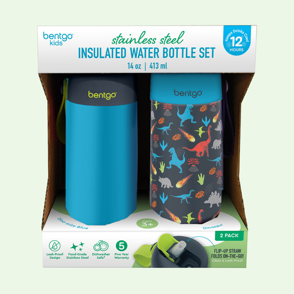 Bentgo® Kids Stainless Steel Insulated Water Bottle (2-Pack) - Dinosaur/Dino-Mite Blue | Packaging