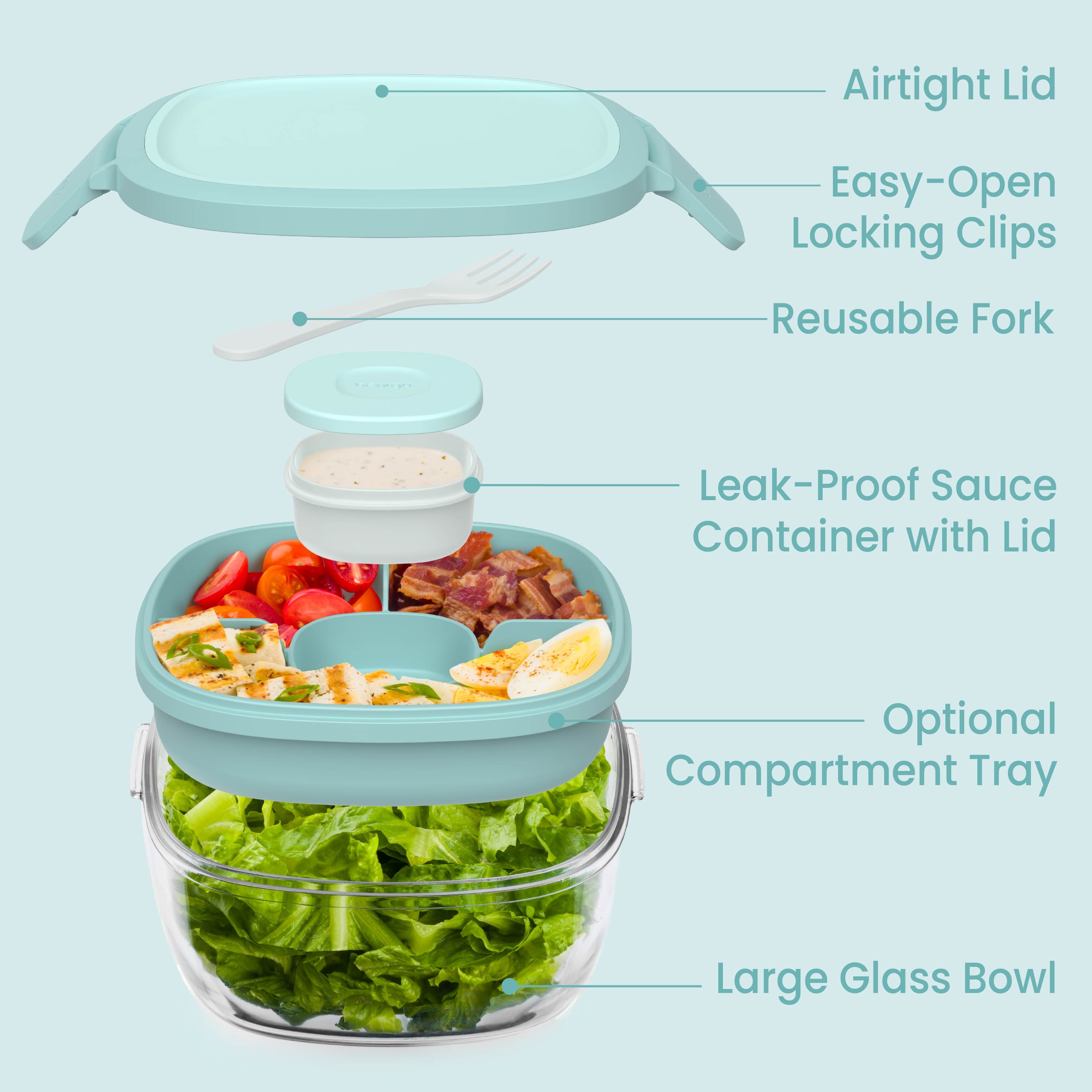 Bentgo® Glass Salad Container - Coastal Seaglass | Salad Container Contains An Airtight Lid, Easy-Open Locking Clips, Reusable Fork, Leak-Proof Sauce Container With Lid, Optional Compartment Tray, And Large Glass Bowl