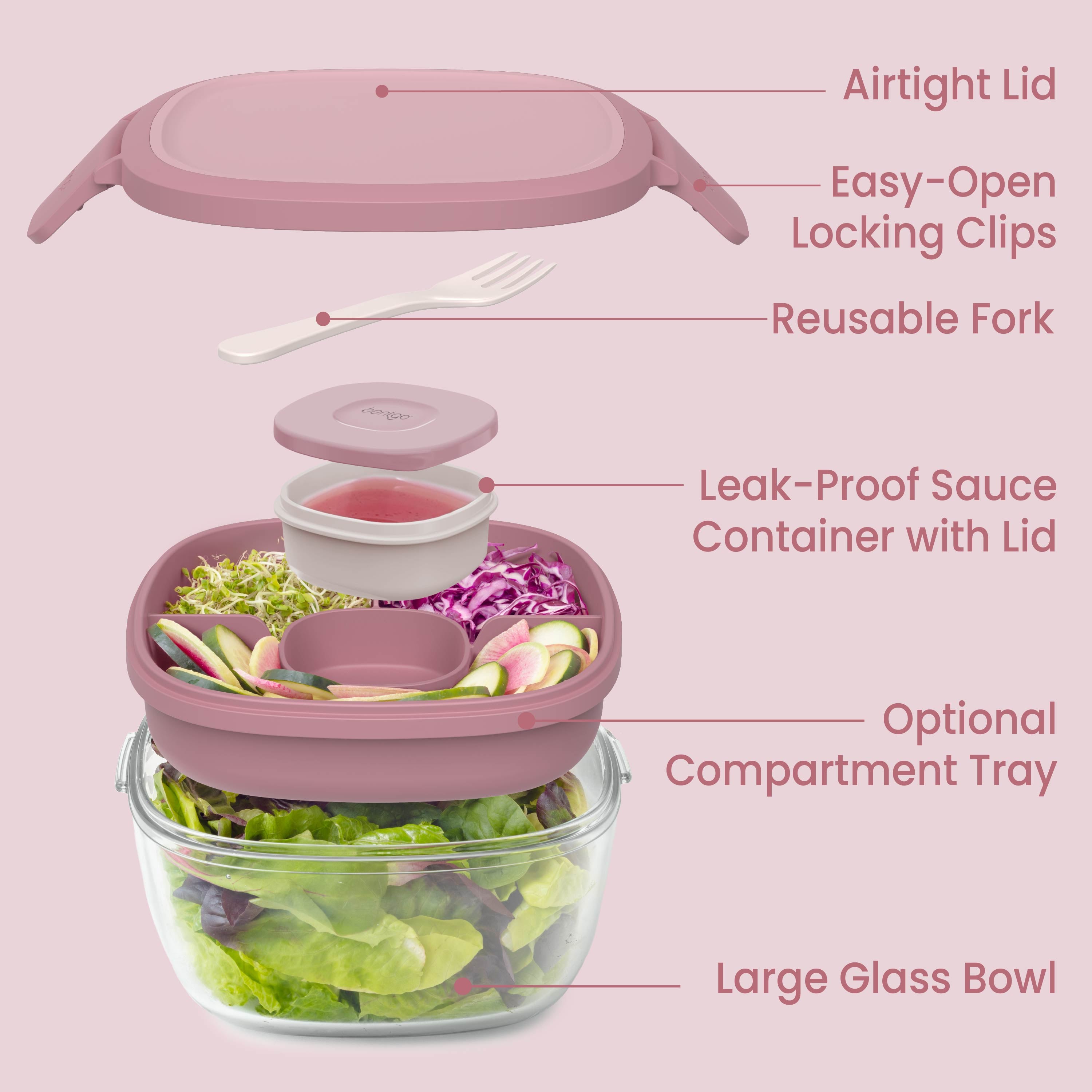 Bentgo® Glass Salad Container - Rose | Salad Container Contains An Airtight Lid, Easy-Open Locking Clips, Reusable Fork, Leak-Proof Sauce Container With Lid, Optional Compartment Tray, And Large, Glass Bowl