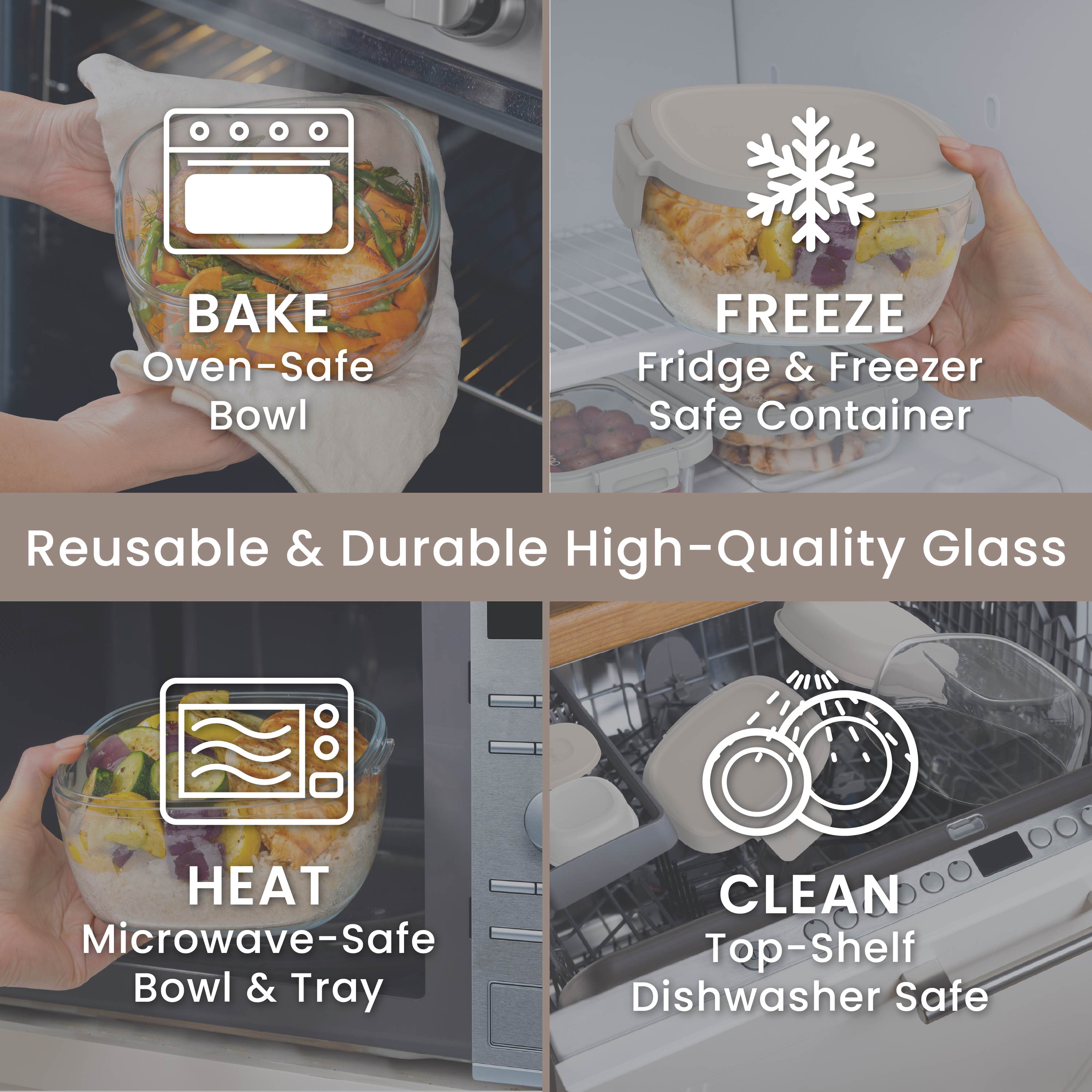 Bentgo® Glass Salad Container - White Stone Tan | Made With Reusable & Durable High-Quality Glass. Oven Safe, Fridge & Freezer Safe, Microwave Safe, and Top-Shelf Dishwasher Safe