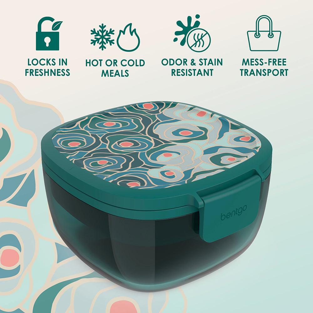Bentgo® Glass Prints All-in-One Salad Container - Floral Maximalist - Sea | Locks In Freshness, Great For Hot Or Cold Meals, And Odor & Stain Resistant For Mess Free Transport