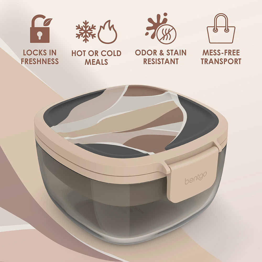 Bentgo® Glass Prints All-in-One Salad Container - Inky Abstract - Neutrals | Locks In Freshness, Great For Hot Or Cold Meals, And Odor & Stain Resistant For Mess Free Transport