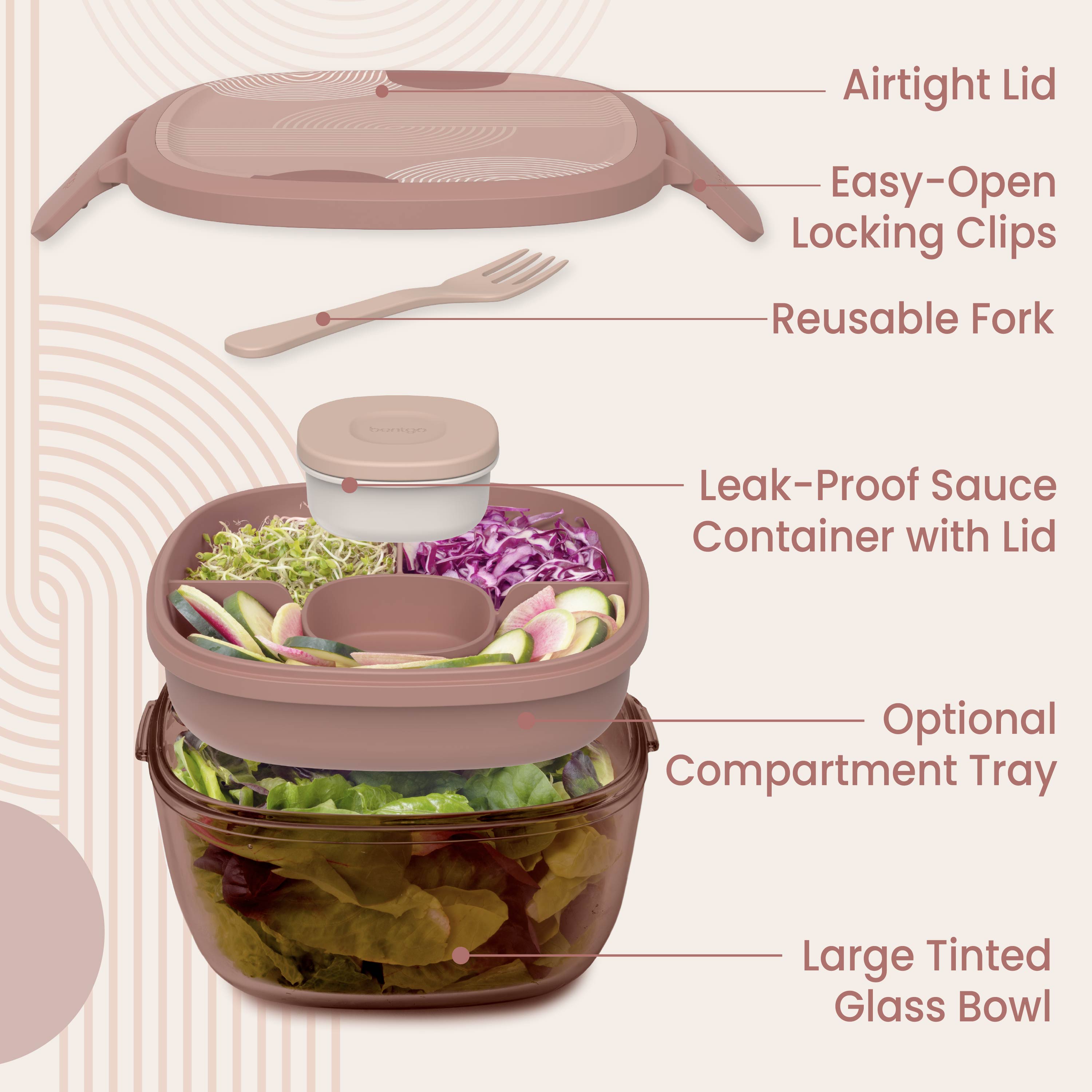 Bentgo® Glass Prints All-in-One Salad Container - Mod Curve - Desert Rose | Salad Container Contains An Airtight Lid With Designer Print, Easy-Open Locking Clips, Reusable Fork, Leak-Proof Sauce Container With Lid, Optional Compartment Tray, And Large Tinted Glass Bowl
