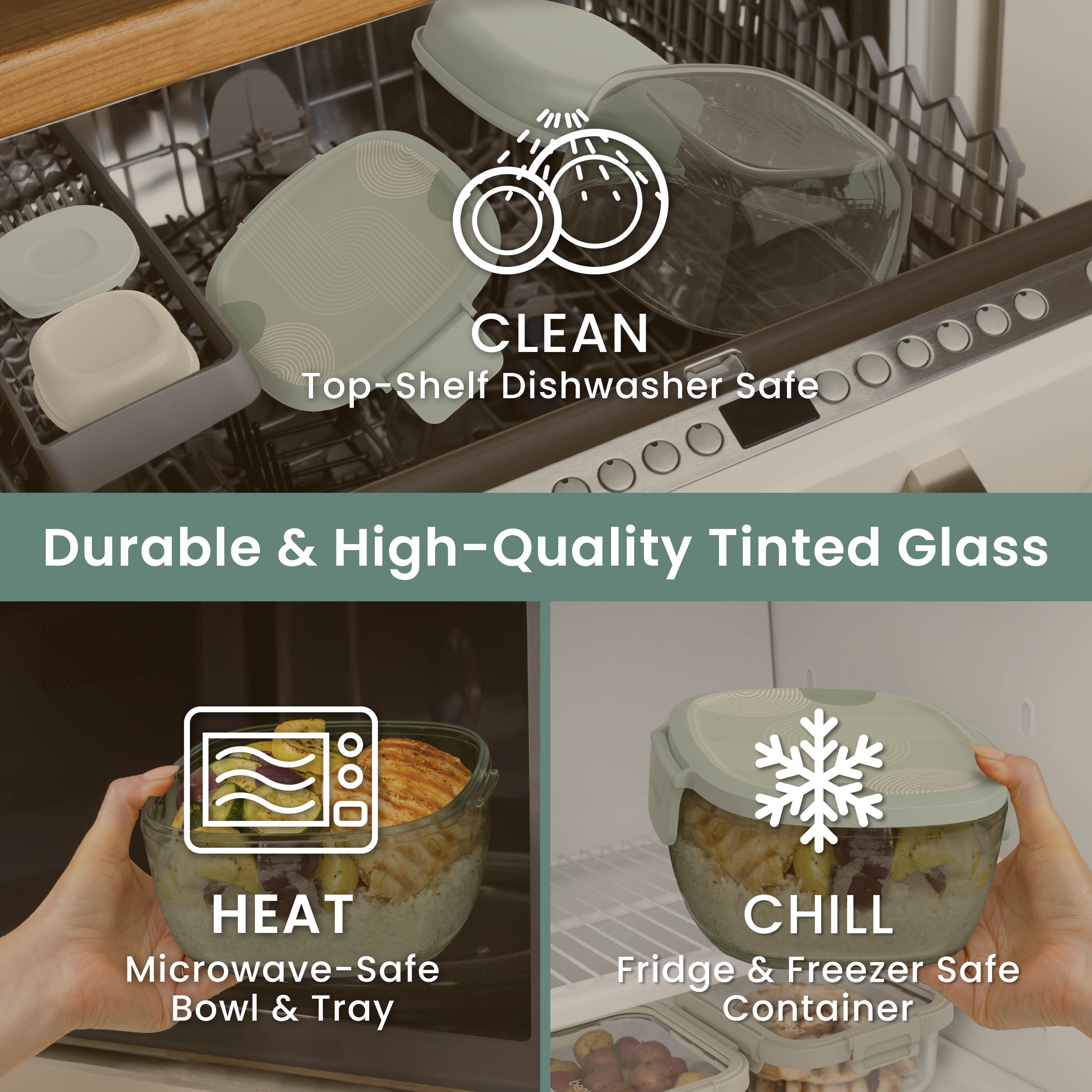 Bentgo® Glass Prints All-in-One Salad Container - Mod Curve - Serene Green | Durable & High-Quality Tinted Glass. Microwave Safe, Fridge & Freezer Safe And Dishwasher Safe