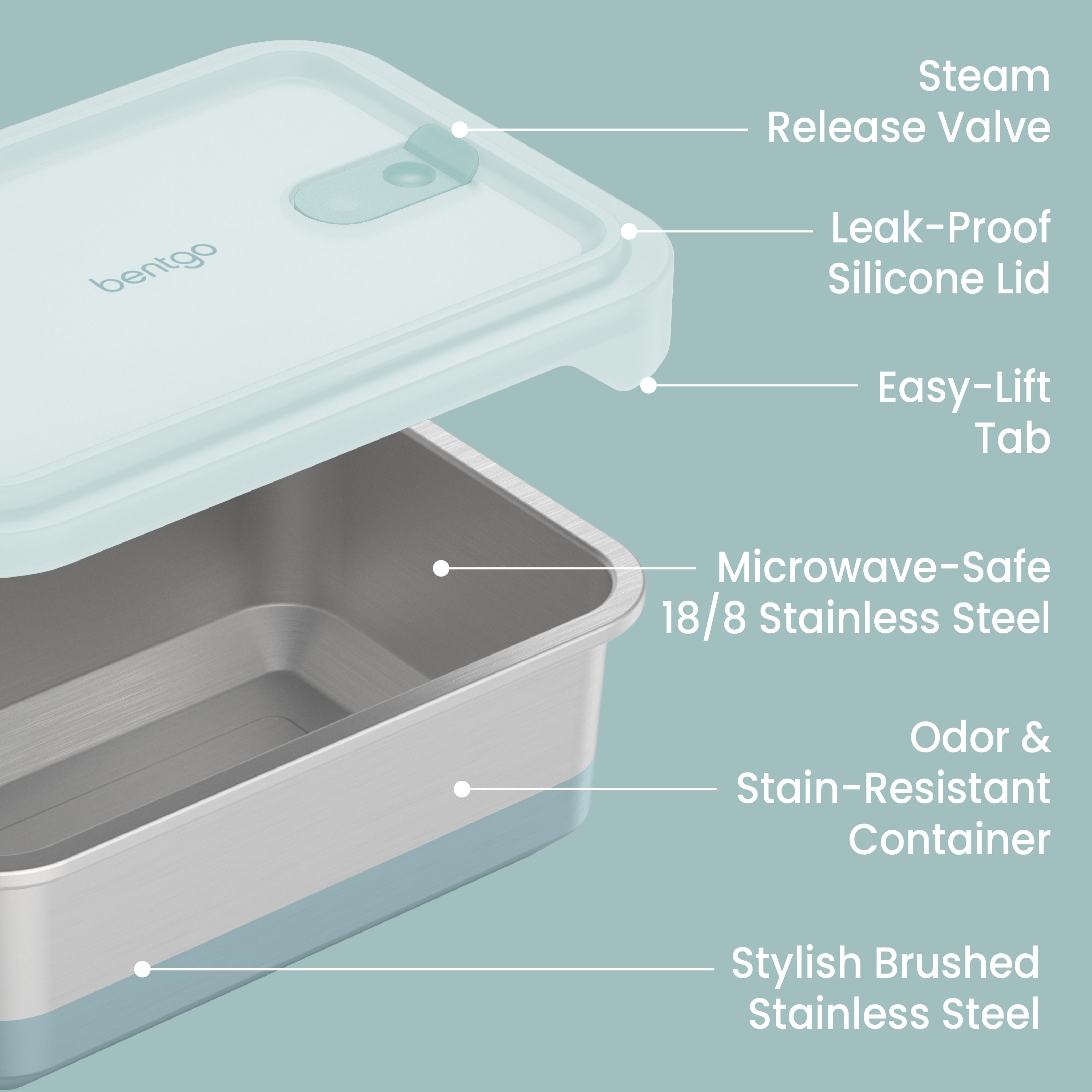 Bentgo® MicroSteel Heat & Eat Container - Family Size 8.5 Cups - Aqua | Steam Release Valve, Leak-Proof Silicone Lid, Easy-Lift Tab, Microwave-Safe 18/8 Stainless Steel, Odor & Stain-Resistant Container, And Stylish Brushed Stainless Steel