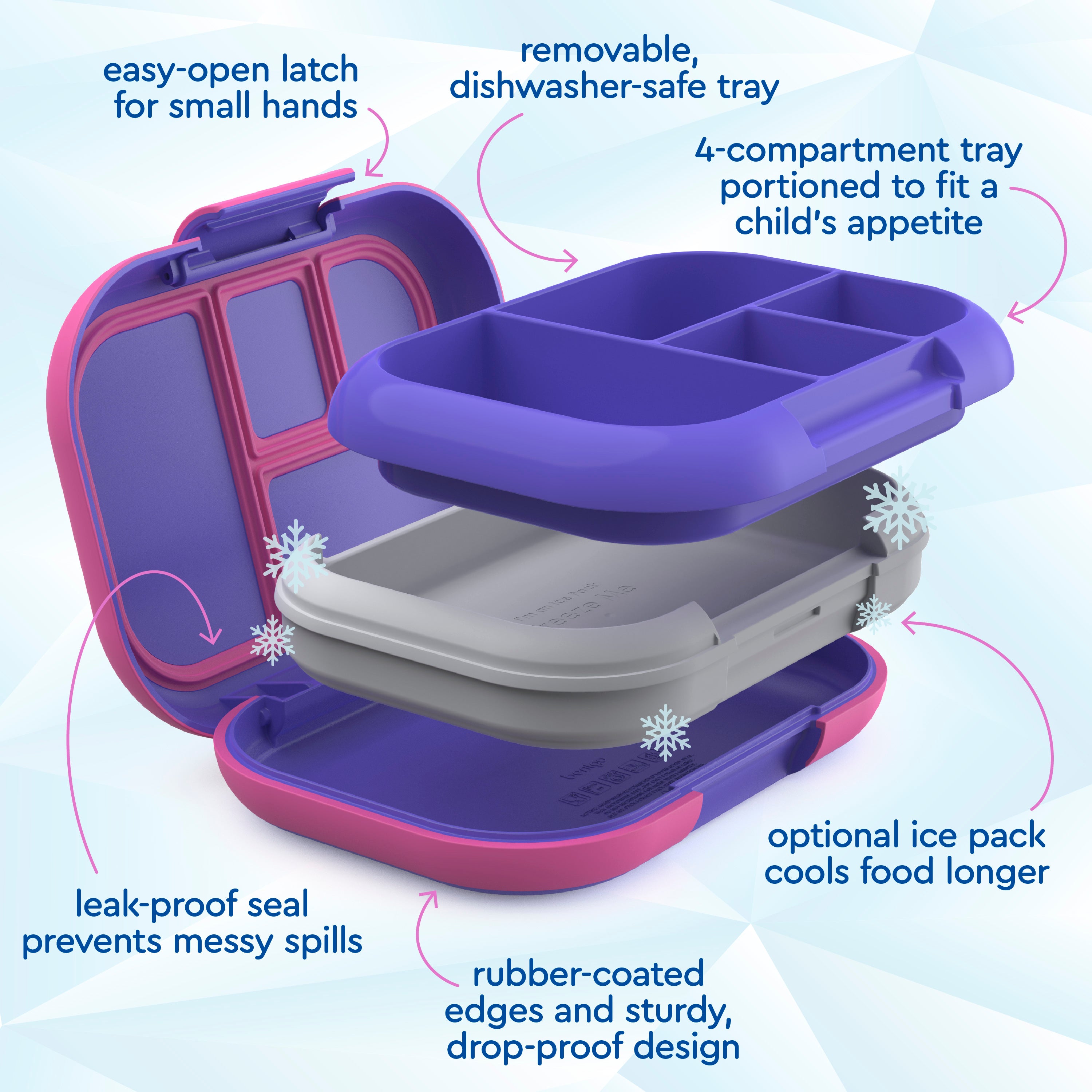 Bentgo® Chill Kids Lunch Box - Electric Violet | Easy-Open Latch For Small Hands, Removable, Dishwasher-Safe Tray, 4-Compartment Tray Portioned To Fit A Child’s Appetite, Leak-Proof Seal Prevents Messy Spills, Optional Ice Pack Cools Food Longer, Rubber-Coated Edges And Sturdy, Drop-Proof Design