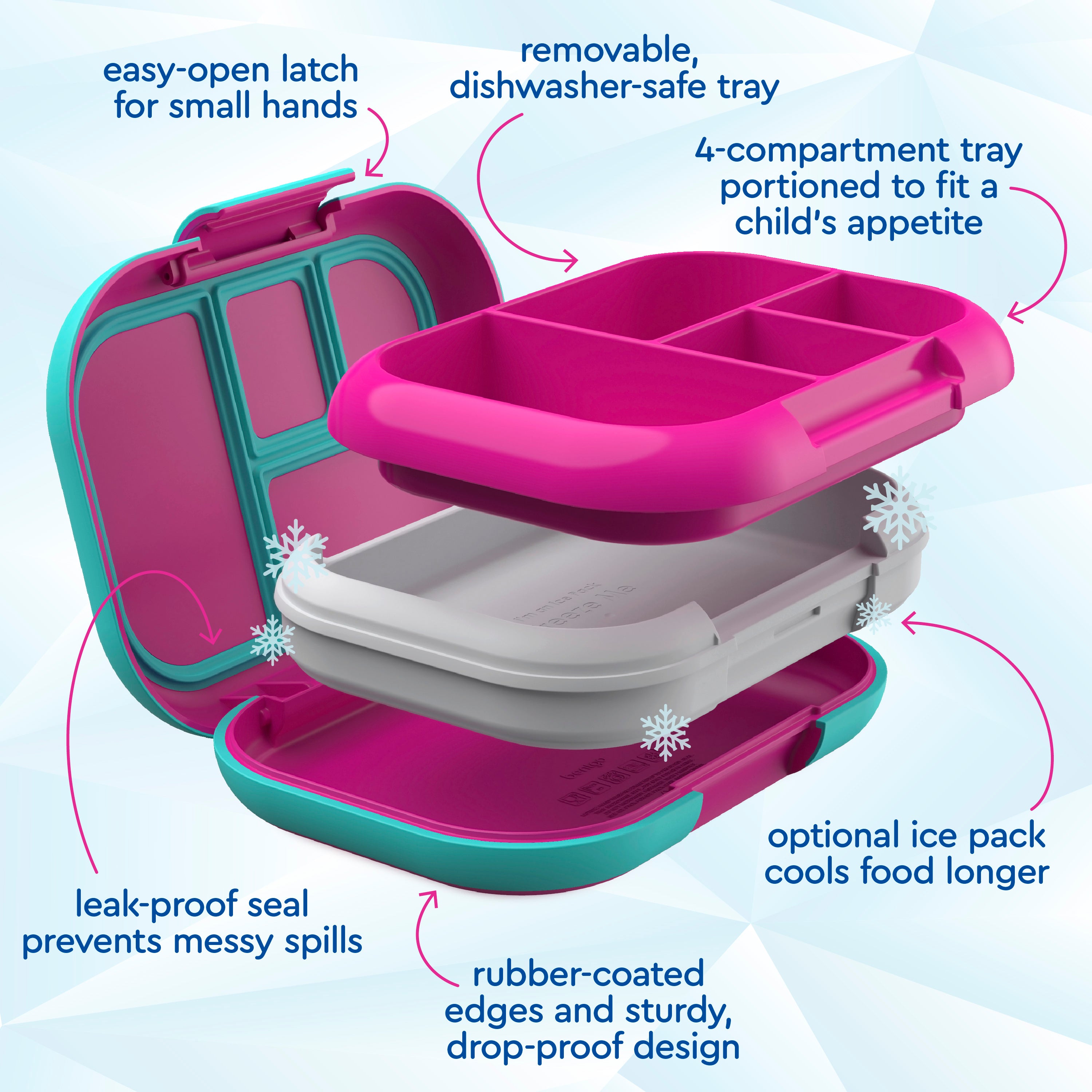 Bentgo® Chill Kids Lunch Box - Fuchsia/Teal | Easy-Open Latch For Small Hands, Removable, Dishwasher-Safe Tray, 4-Compartment Tray Portioned To Fit A Child’s Appetite, Leak-Proof Seal Prevents Messy Spills, Optional Ice Pack Cools Food Longer, Rubber-Coated Edges And Sturdy, Drop-Proof Design