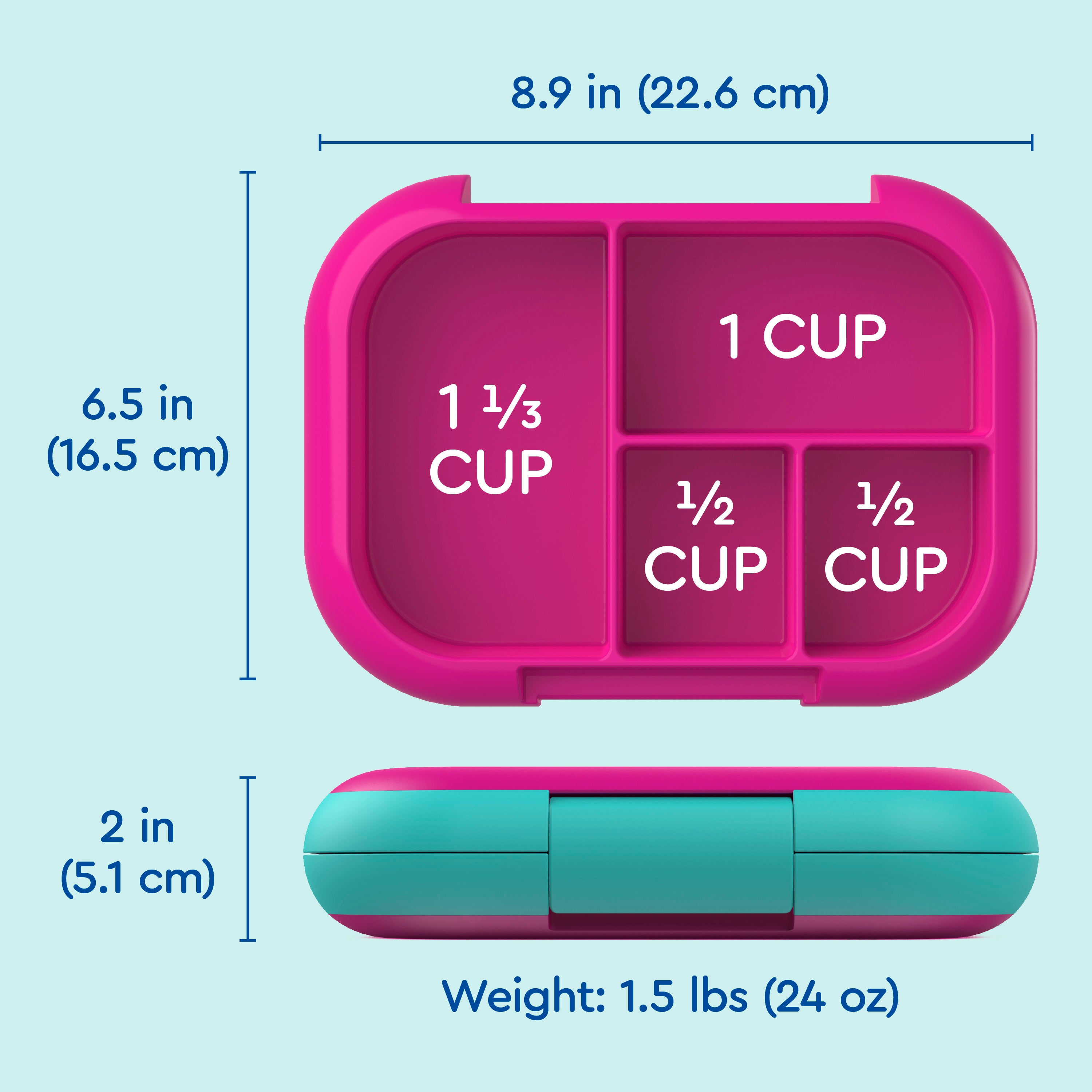 Bentgo® Chill Kids Lunch Box - Fuchsia/Teal | Dimensions