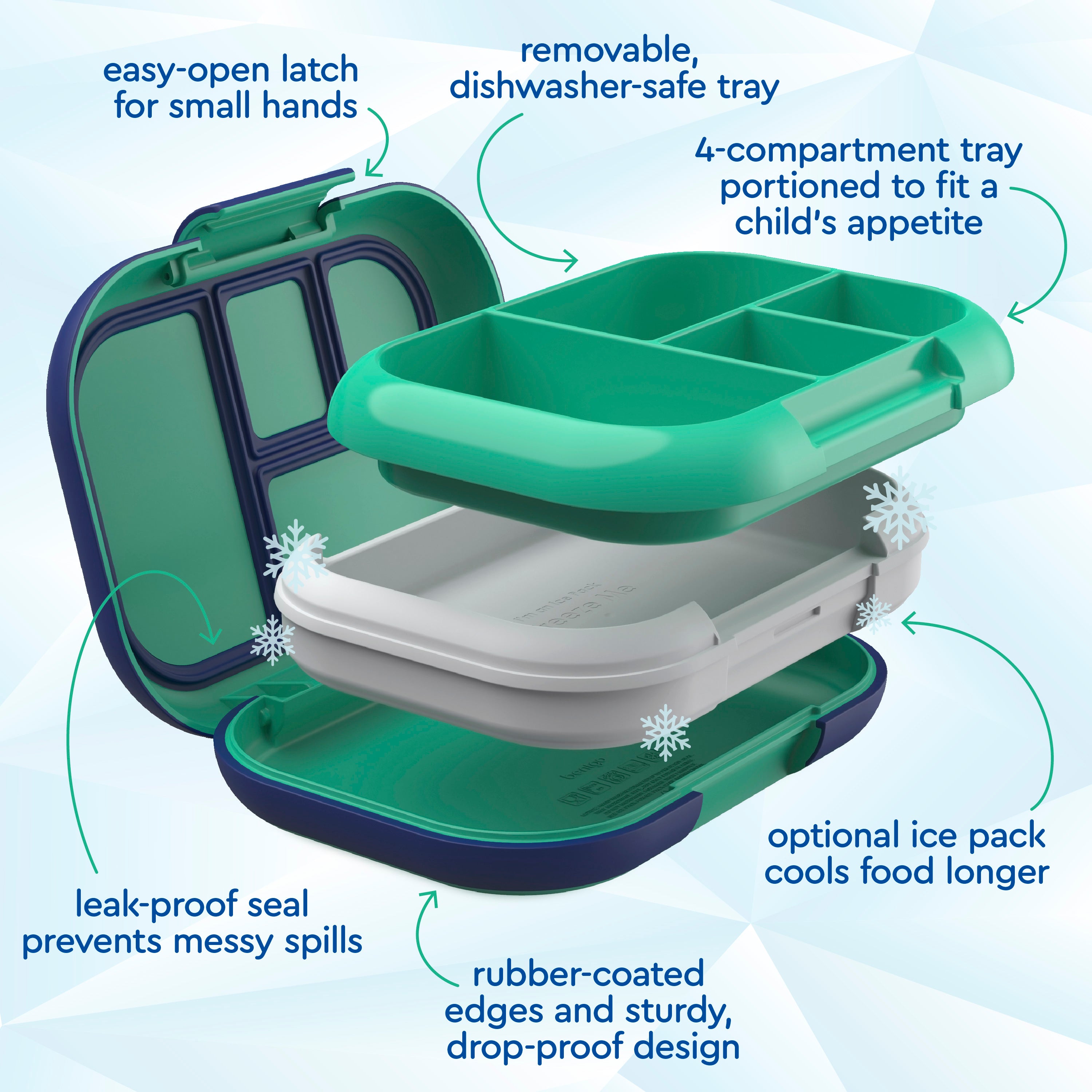 Bentgo® Chill Kids Lunch Box | Easy-Open Latch For Small Hands, Removable, Dishwasher-Safe Tray, 4-Compartment Tray Portioned To Fit A Child’s Appetite, Leak-Proof Seal Prevents Messy Spills, Optional Ice Pack Cools Food Longer, Rubber-Coated Edges And Sturdy, Drop-Proof Design