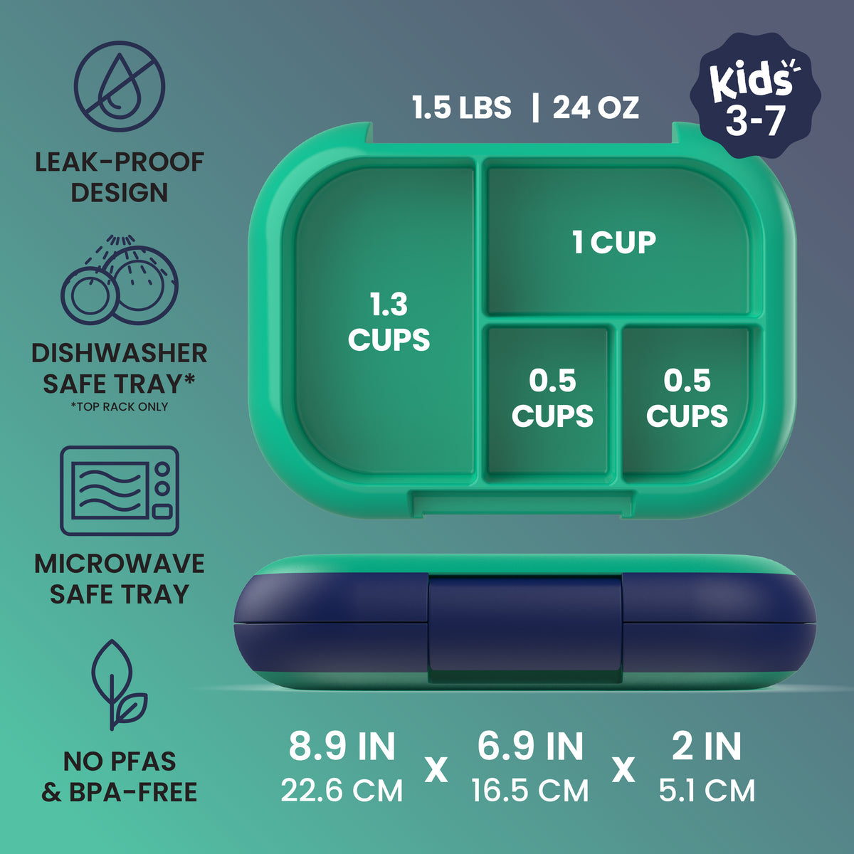 Bentgo Chill Kids Lunch Box (2-Pack) - Green/Navy | Leak-Proof Design, Dishwasher Safe Tray, Microwave Safe Tray, and No PFAS & BPA-Free | Product Dimensions