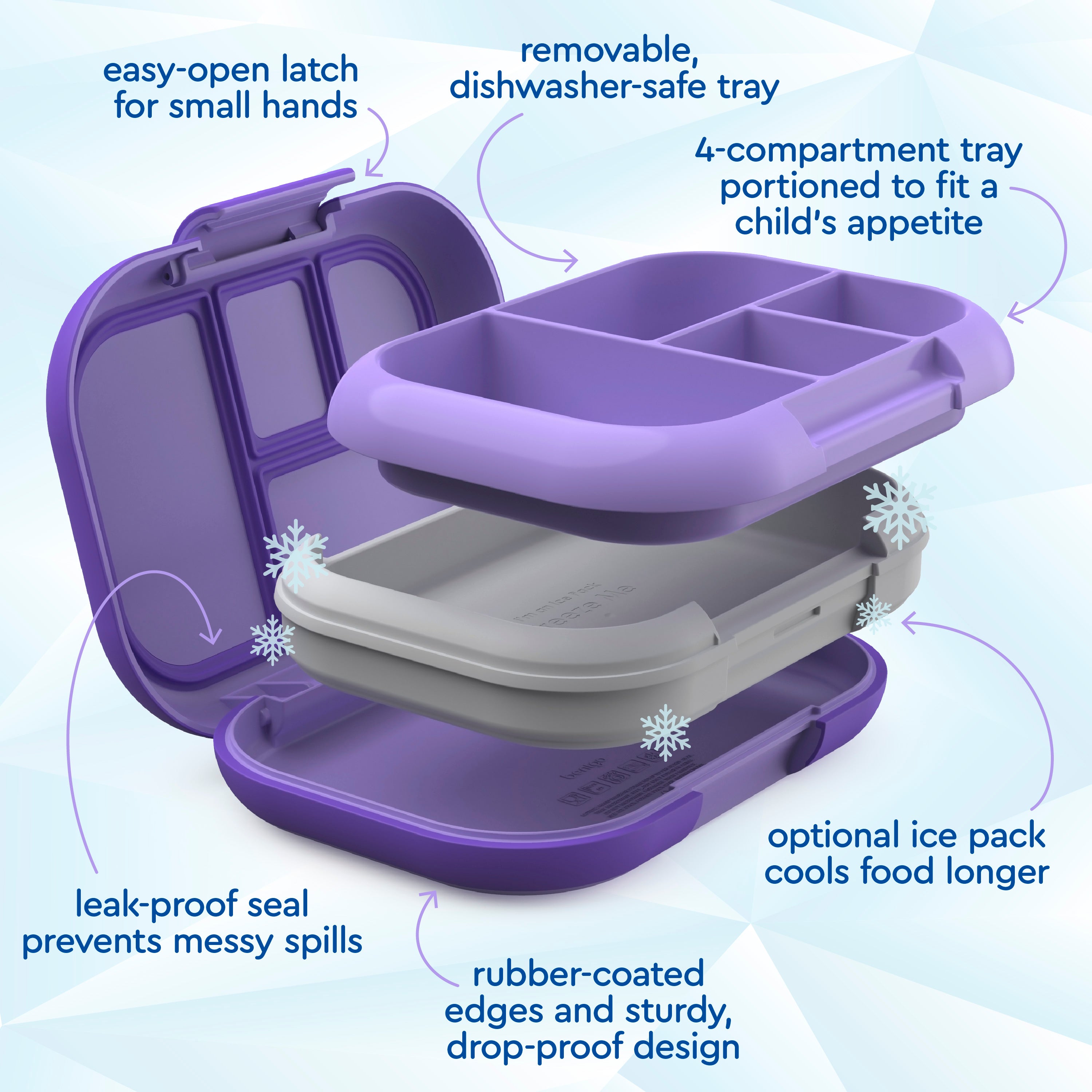 Bentgo® Chill Kids Lunch Box - Purple | Easy-Open Latch For Small Hands, Removable, Dishwasher-Safe Tray, 4-Compartment Tray Portioned To Fit A Child’s Appetite, Leak-Proof Seal Prevents Messy Spills, Optional Ice Pack Cools Food Longer, Rubber-Coated Edges And Sturdy, Drop-Proof Design