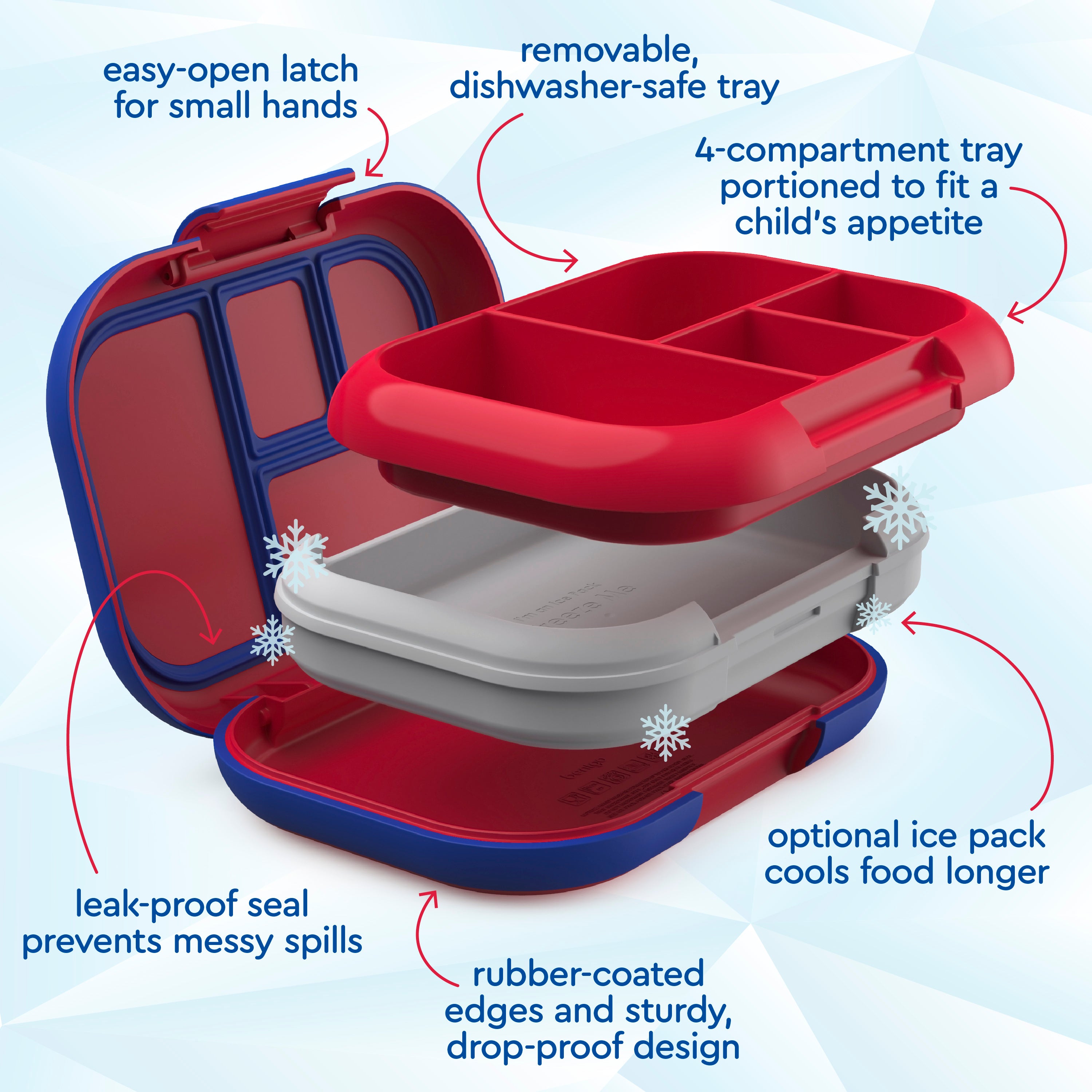 Bentgo® Chill Kids Lunch Box - Red/Royal | Easy-Open Latch For Small Hands, Removable, Dishwasher-Safe Tray, 4-Compartment Tray Portioned To Fit A Child’s Appetite, Leak-Proof Seal Prevents Messy Spills, Optional Ice Pack Cools Food Longer, Rubber-Coated Edges And Sturdy, Drop-Proof Design