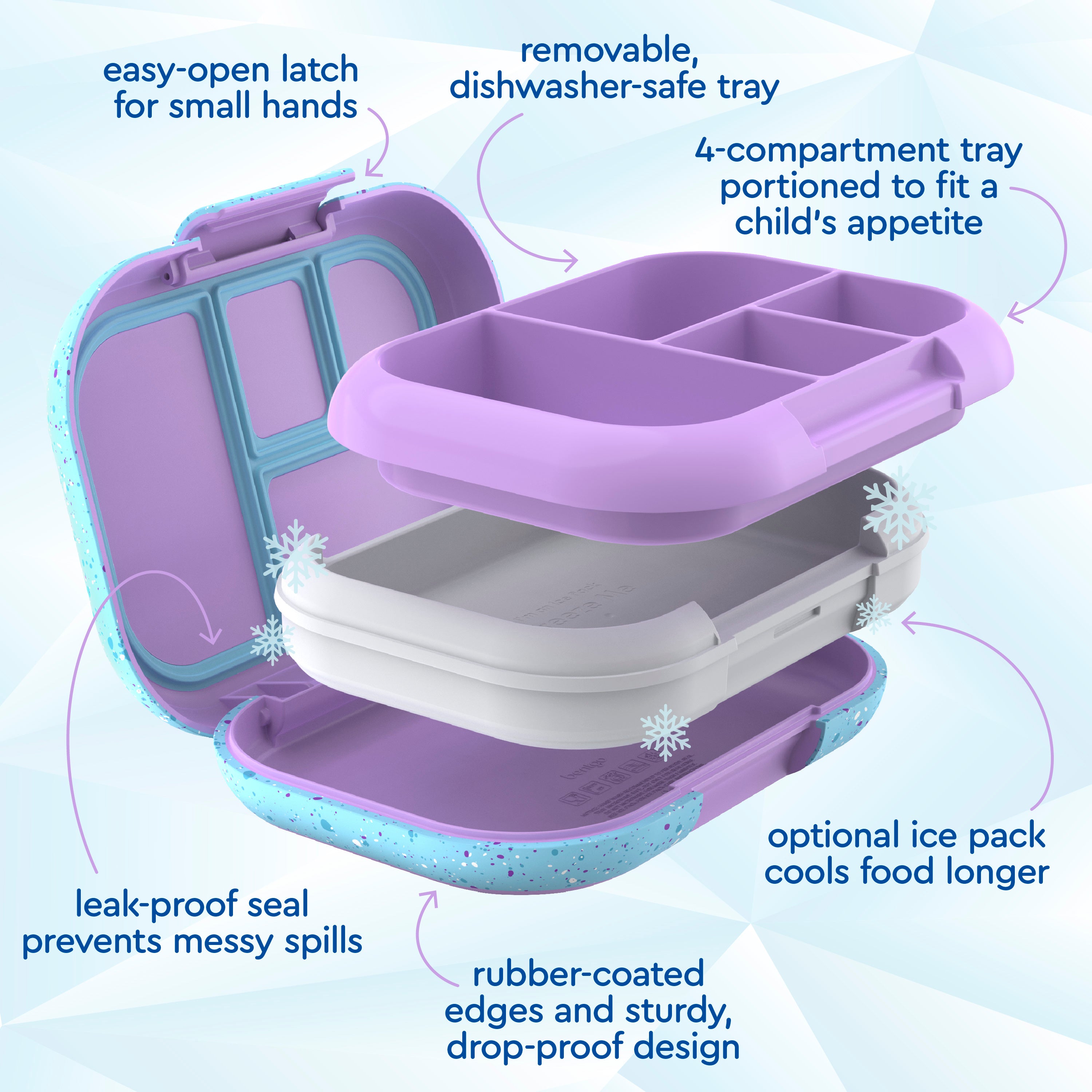 Bentgo® Chill Kids Lunch Box - Vivid Orchid Speckle | Easy-Open Latch For Small Hands, Removable, Dishwasher-Safe Tray, 4-Compartment Tray Portioned To Fit A Child’s Appetite, Leak-Proof Seal Prevents Messy Spills, Optional Ice Pack Cools Food Longer, Rubber-Coated Edges And Sturdy, Drop-Proof Design