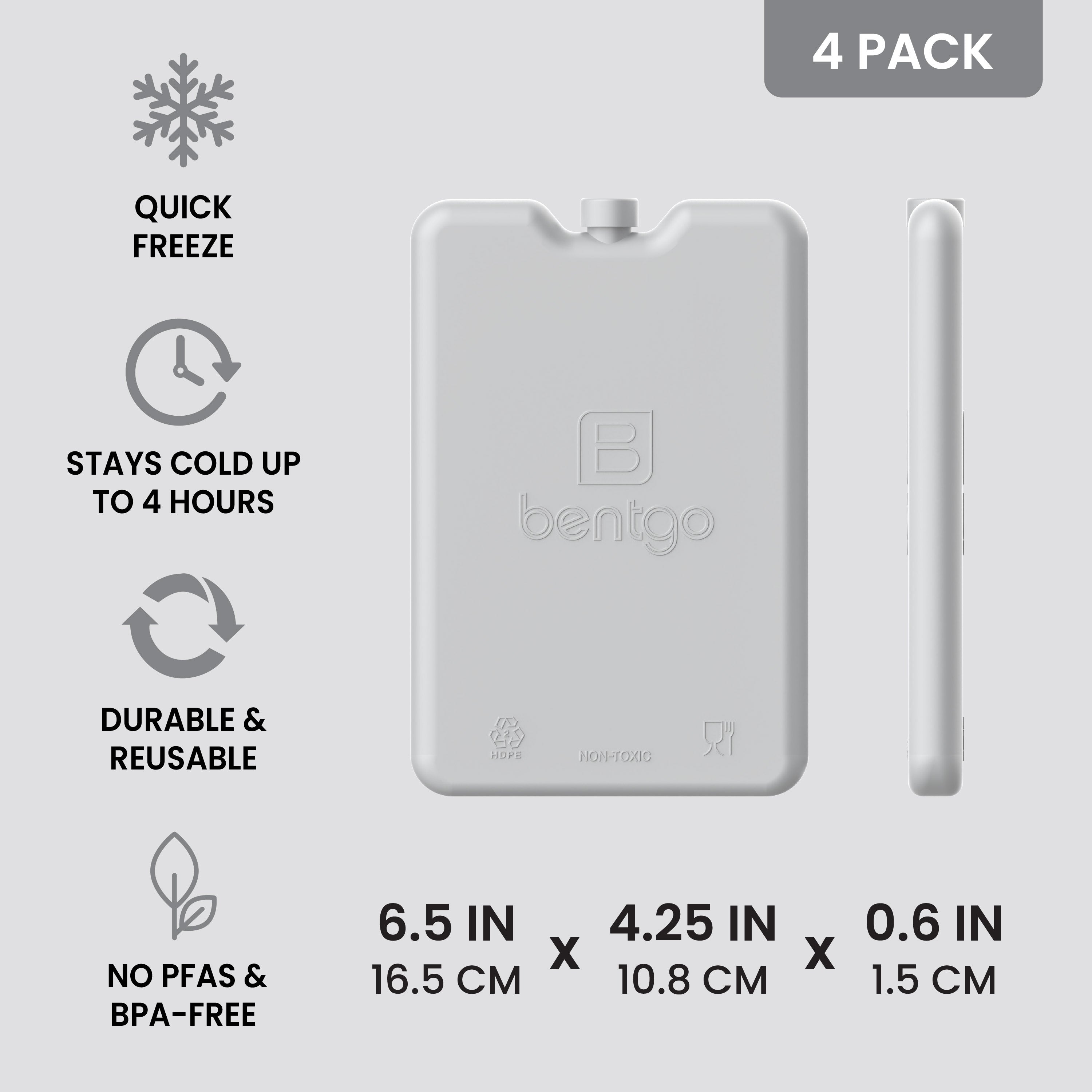 Bentgo Chillers Reusable Ice Packs (4-Pack) - Gray | Quick Freeze, Stays Cold Up to 4 Hours, Durable & Reusable, and No PFAS & BPA - FREE