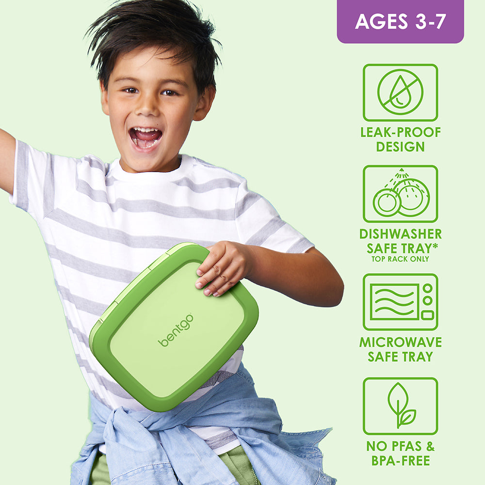 Bentgo® Kids Lunch Box - Green | Leak-Proof Design, Dishwasher Safe Tray - Top Rack Only, Microwave Safe Tray, And No PFAs & BPA-Free