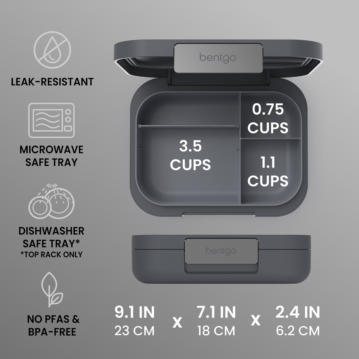 Bentgo Modern Lunch Box (2 Pack) - Dark Gray | Leak-Resistant, Microwave Safe Tray, Dishwasher Safe Tray (Top Rack Only), and No PFAS & BPA-Free | Product Dimensions