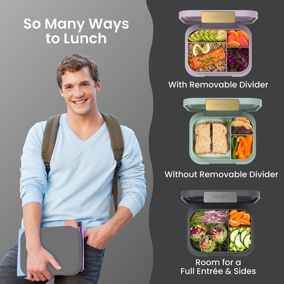 Bentgo® Modern Lunch Box - Dark Gray | So Many Ways To Lunch - With Removable Divider, Without Removable Divider, and Room for a Full Entrée & Sides