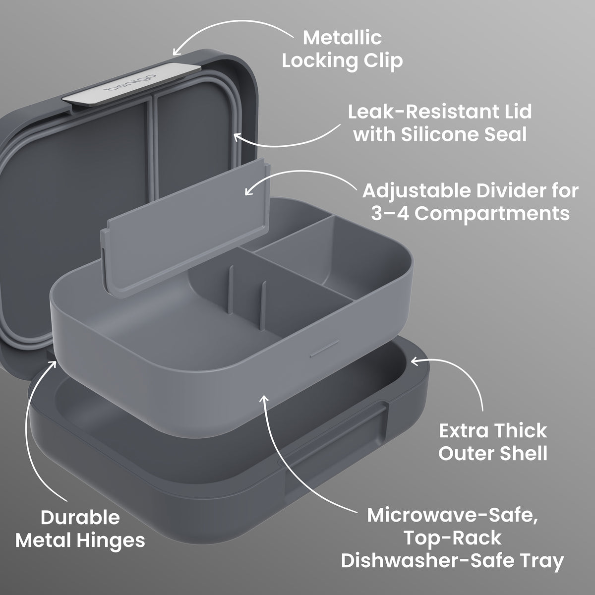 Bentgo® Modern Lunch Box - Dark Gray | Metallic Locking Clip, Leak-Resistant Lid with Silicone Seal, Adjustable Divider for 3-4 Compartments, Durable Metal Hinges, Extra Thick Outer Shell, and Microwave-Safe, Top-Rack Dishwasher-Safe Tray