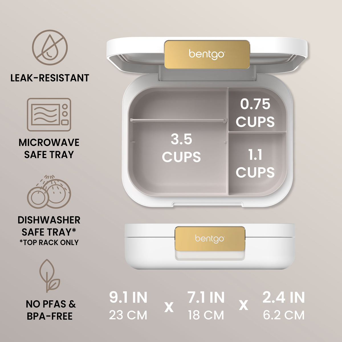 Bentgo® Modern Lunch Box - White | Product Dimensions | Leak-Resistant, Microwave Safe Tray, Dishwasher Safe Tray, and No PFAs & BPA-Free