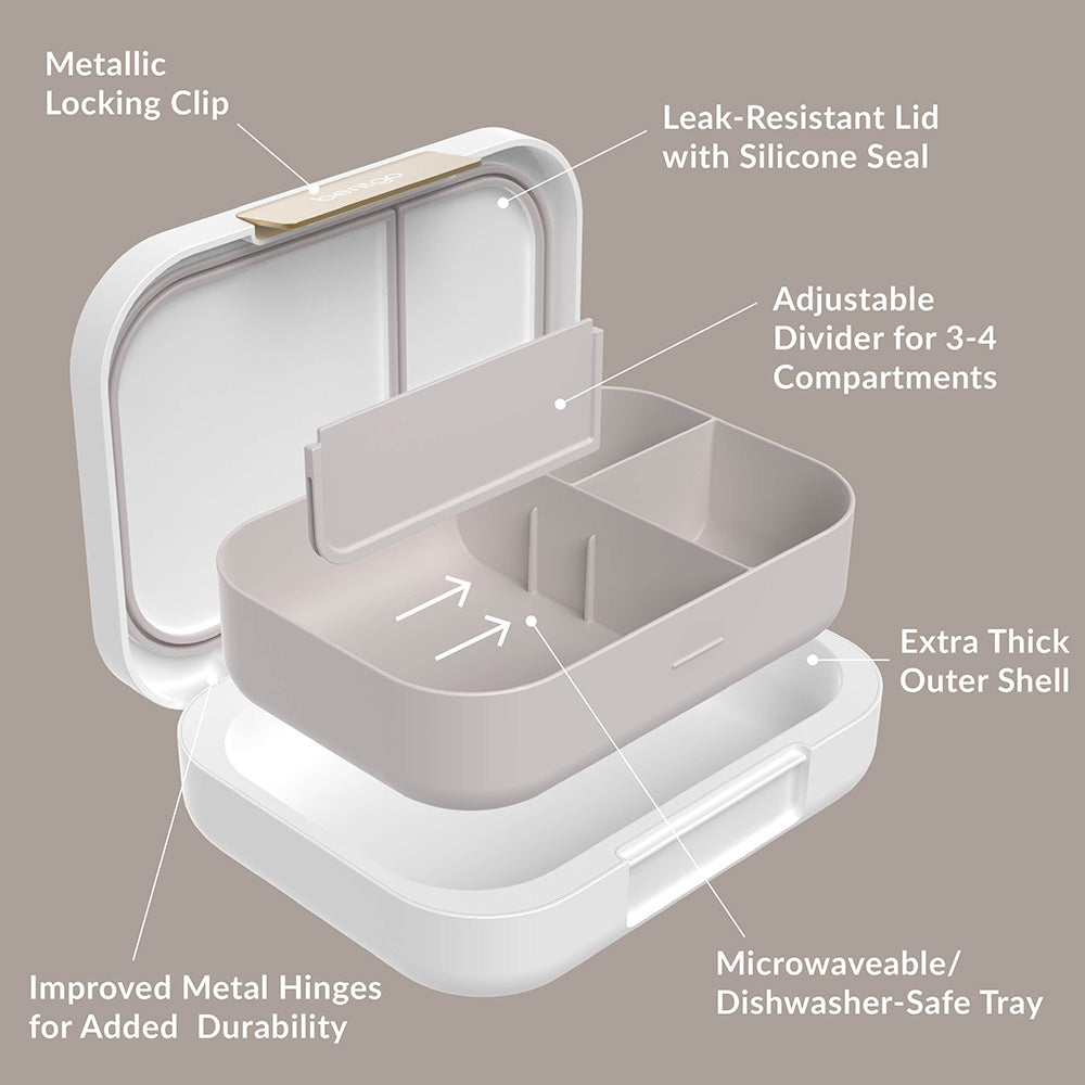 Bentgo® Modern Lunch Box - White | Metallic Locking Clip, Leak-Resistant with Silicone Seal, Adjustable Divider for 3-4 Compartments, Extra Thick Outer Shell, Improved Metal Hinges For Added Durability, And Microwaveable/Dishwasher-Safe Tray