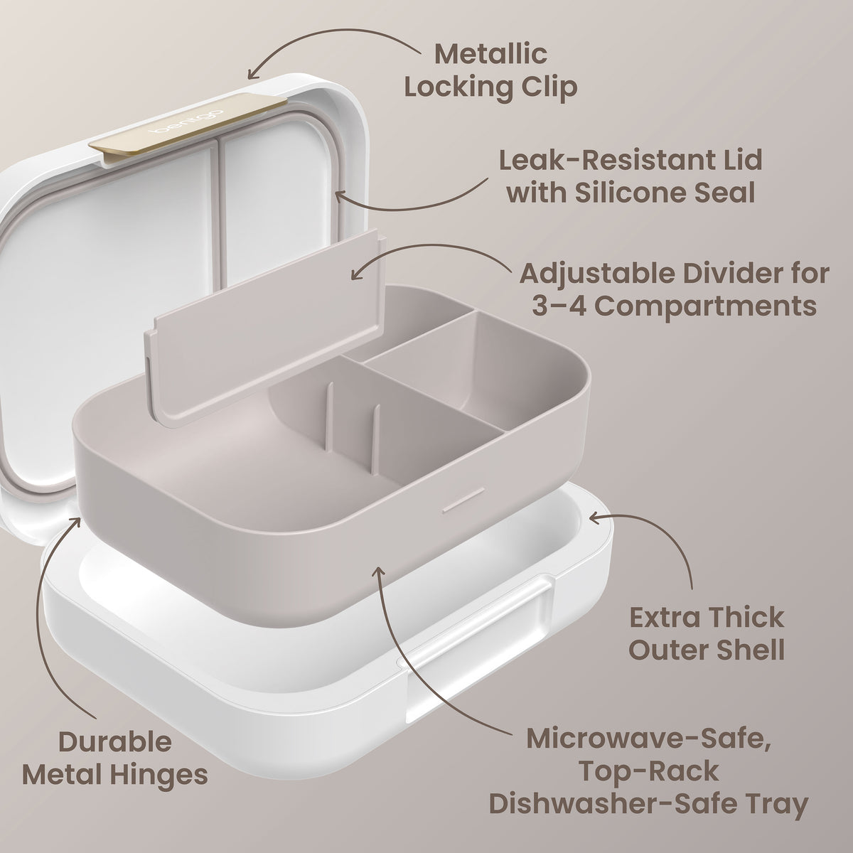 Bentgo® Modern Lunch Box - White | Metallic Locking Clip, Leak-Resistant Lid with Silicone Seal, Adjustable Divider for 3-4 Compartments, Durable Metal Hinges, Extra Thick Outer Shell, and Microwave-Safe, Top-Rack Dishwasher-Safe Tray