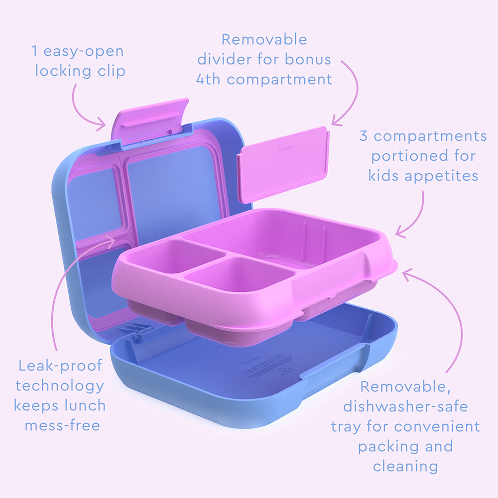 Bentgo® Pop Lunch Box- Periwinkle/Pink | 1 Easy-Open Locking Clip, Removable Divider For Bonus 4th Compartment, 3 Compartments Portioned For Kids Appetites, Leak-Proof Technology Keeps Lunch Mess-Free, And Removable, Dishwasher-Safe Tray For Convenient Packing And Cleaning