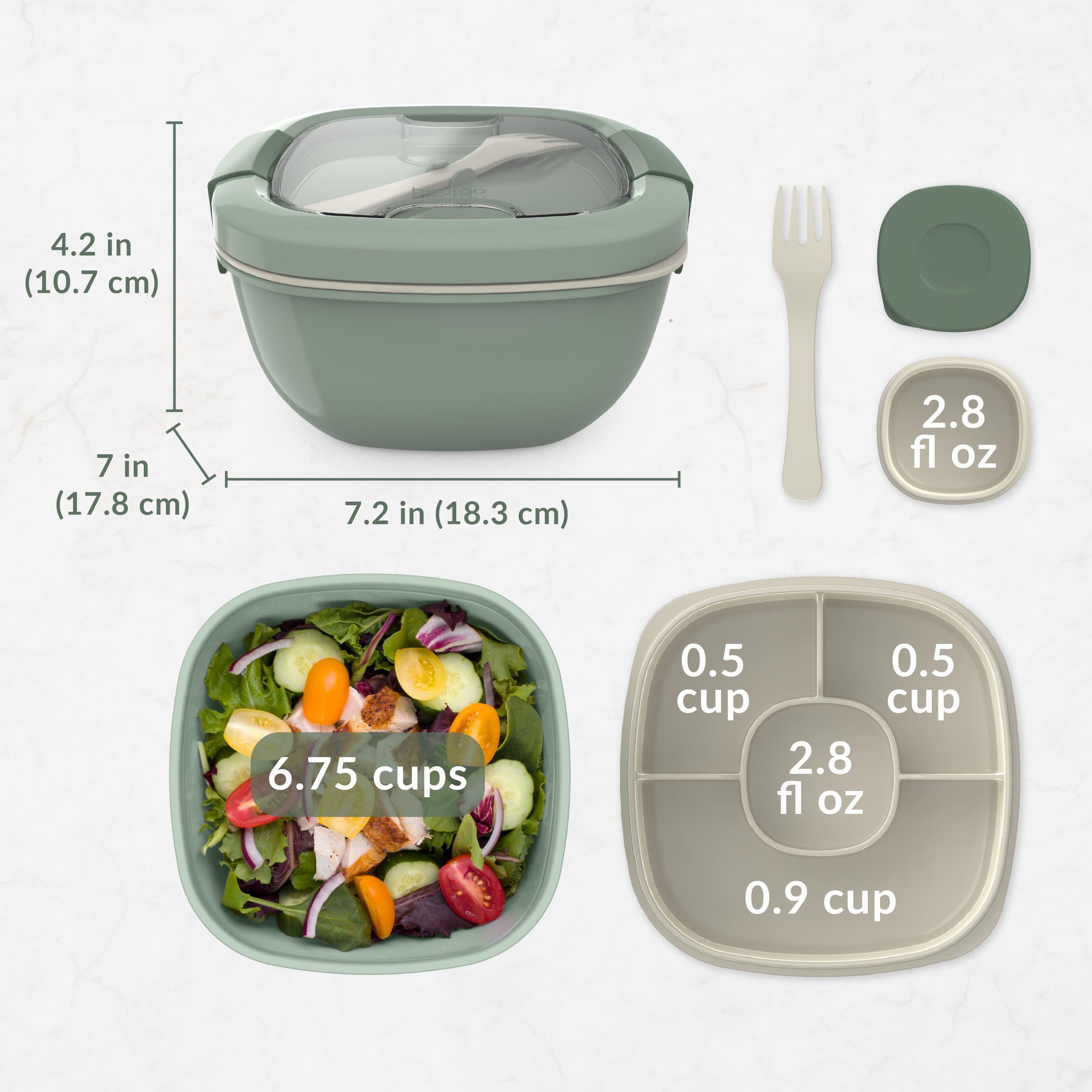 Bentgo® Salad Container (2-Pack) - Khaki Green | Dimensions And What’s In The Box
