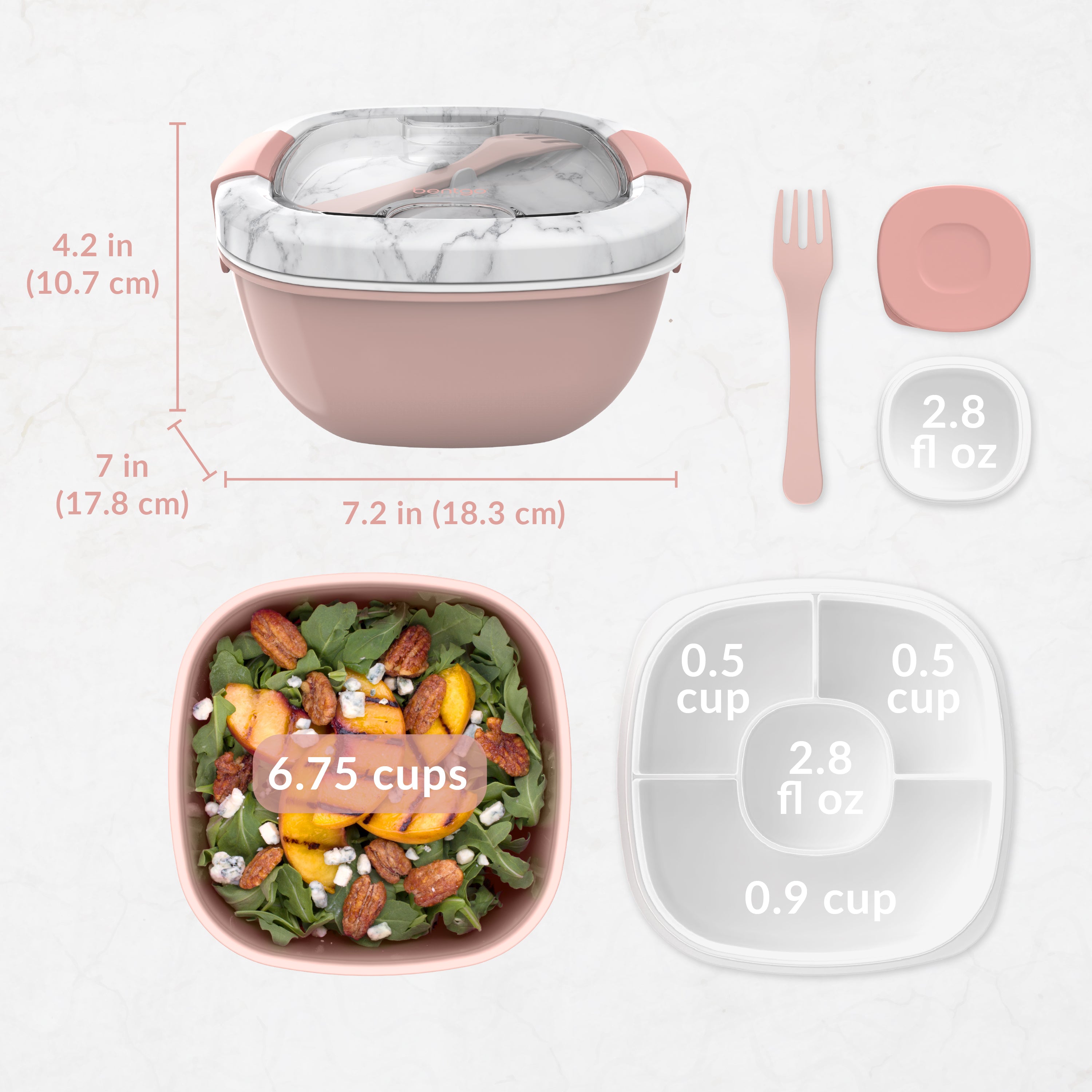 Bentgo® All-in-One Salad Container - Blush Marble | Dimensions And What’s In The Box