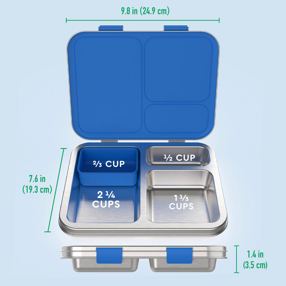 Bentgo® Kids Stainless Steel Lunch Box - Blue | What’s In The Box + Dimensions