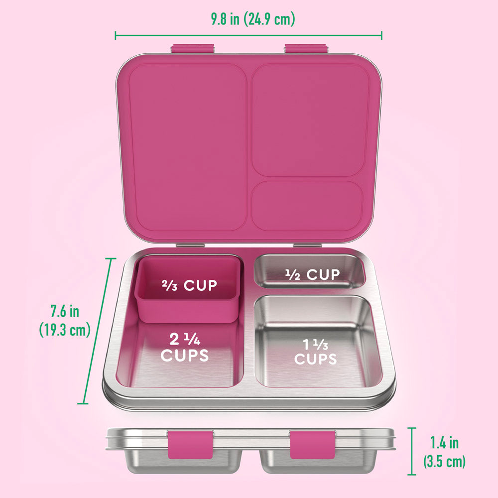 Bentgo® Kids Stainless Steel Lunch Box - Fuchsia | What’s In The Box + Dimensions