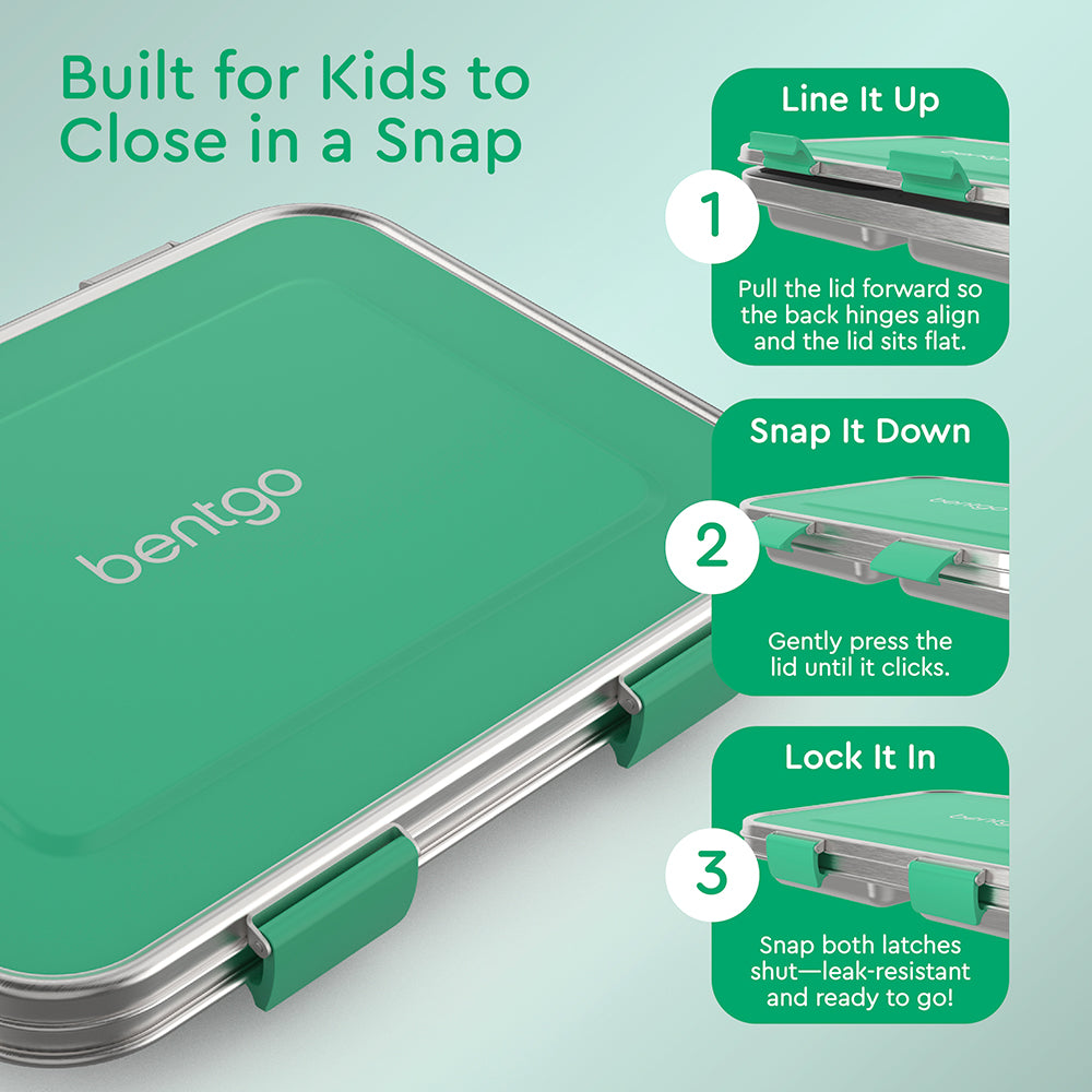 Bentgo® Kids Stainless Steel Lunch Box - Green | Built for Kids to Close in a Snap | Line It Up, Snap It Down, and Lock It In