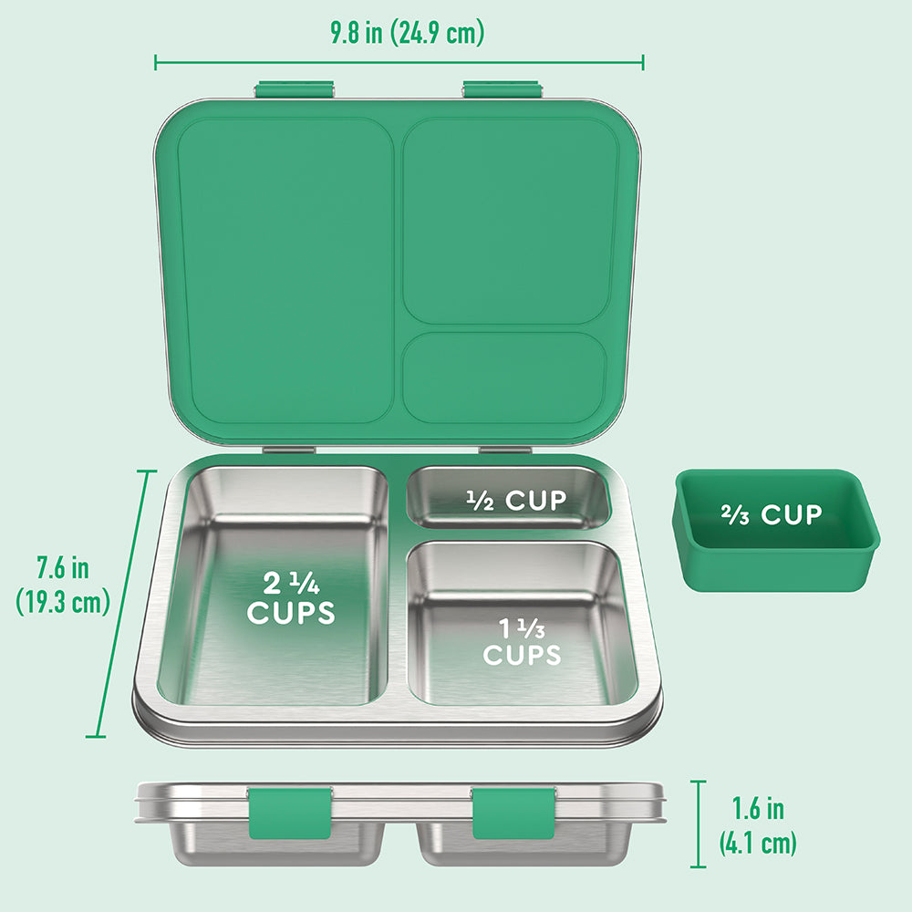 Bentgo® Kids Stainless Steel Lunch Box - Green | What’s In The Box + Dimensions