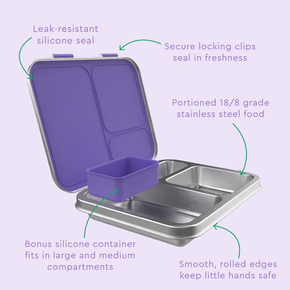 Bentgo® Kids Stainless Steel Lunch Box - Purple | Leak-Resistant Silicone Seal, Secure Locking Clips Seal In Freshness, Portioned 18/8 Grade Stainless Steel Food, Bonus Silicone Container Fits In Large And Medium Compartments, And Smooth, Rolled Edges Keep Little Hands Safe