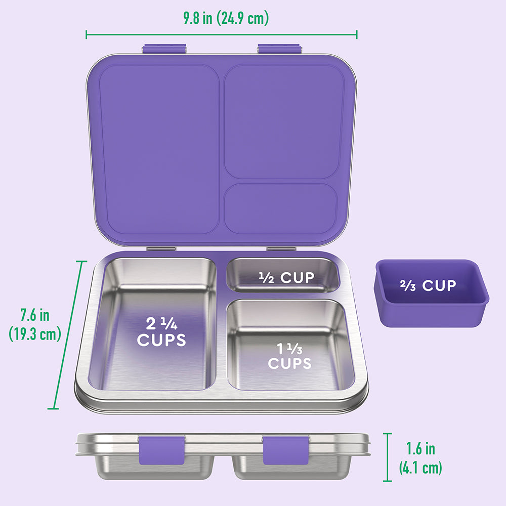 Bentgo® Kids Stainless Steel Lunch Box - Purple | What’s In The Box + Dimensions